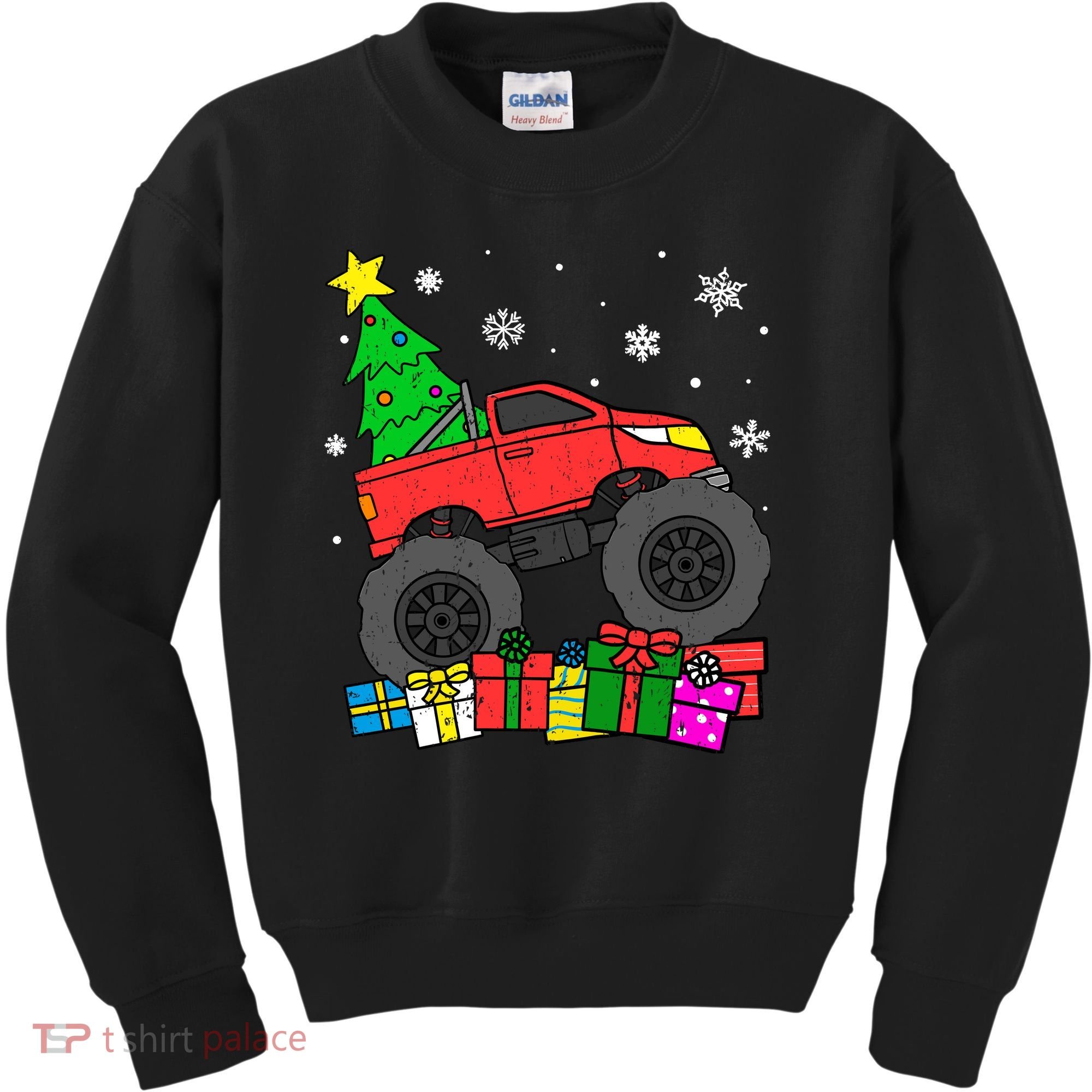 Boy Monster Truck Christmas Tree Snowflakes Kids Sweatshirt