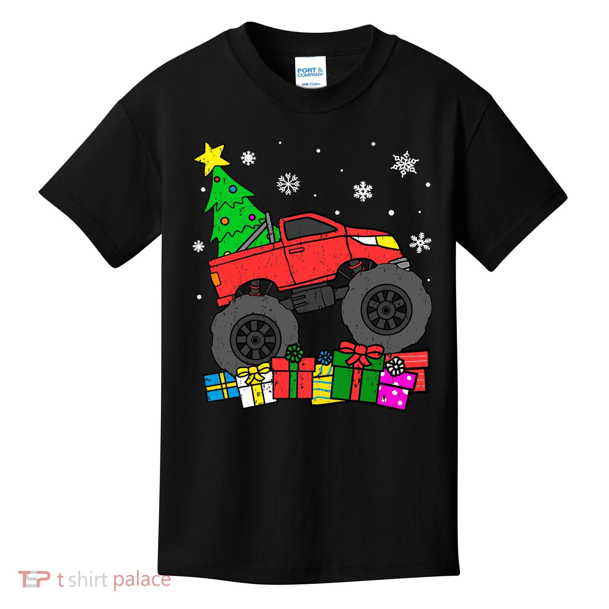 Boy Monster Truck Christmas Tree Snowflakes Kids T-Shirt