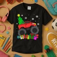 Boy Monster Truck Christmas Tree Snowflakes Kids T-Shirt thumb 3