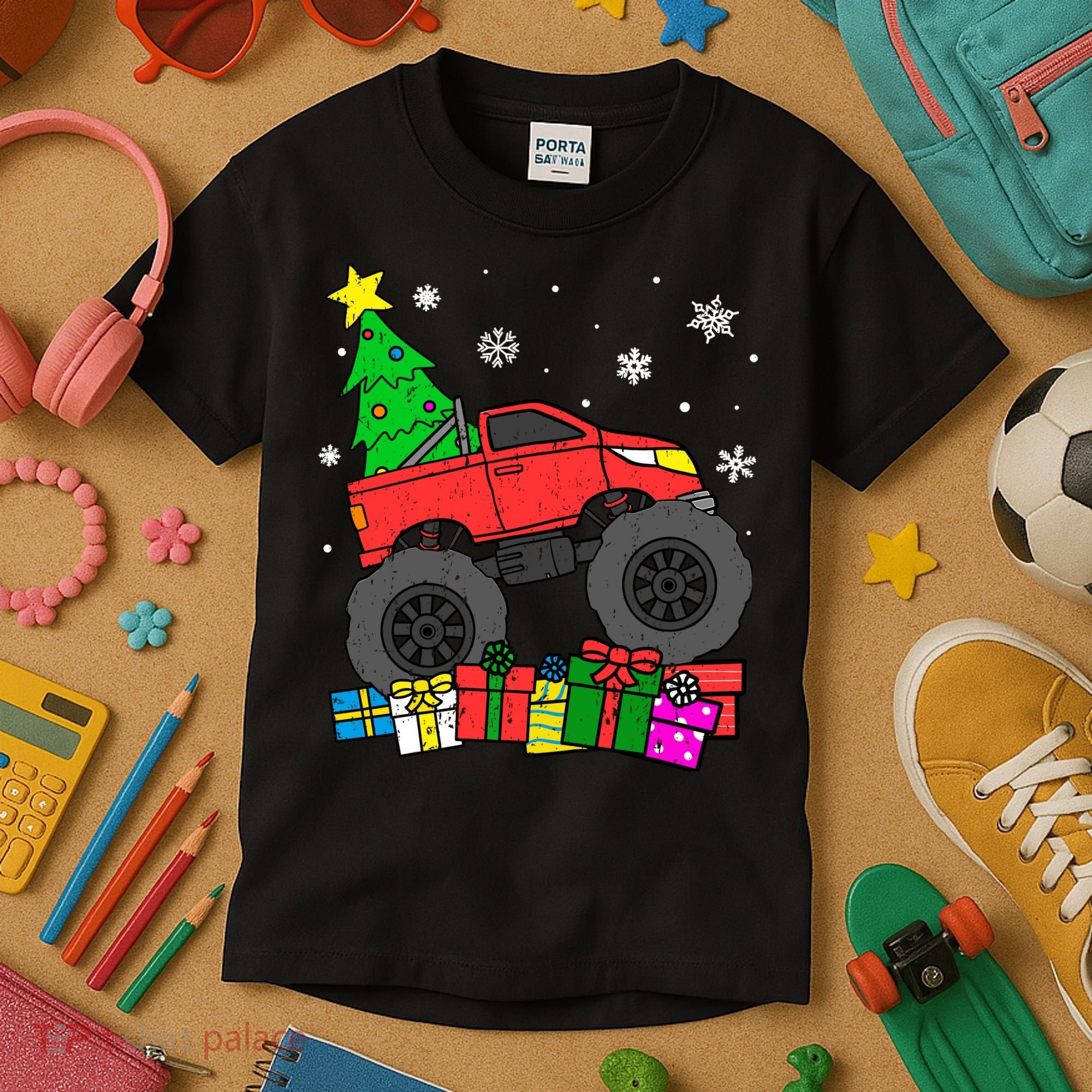 Boy Monster Truck Christmas Tree Snowflakes Kids T-Shirt