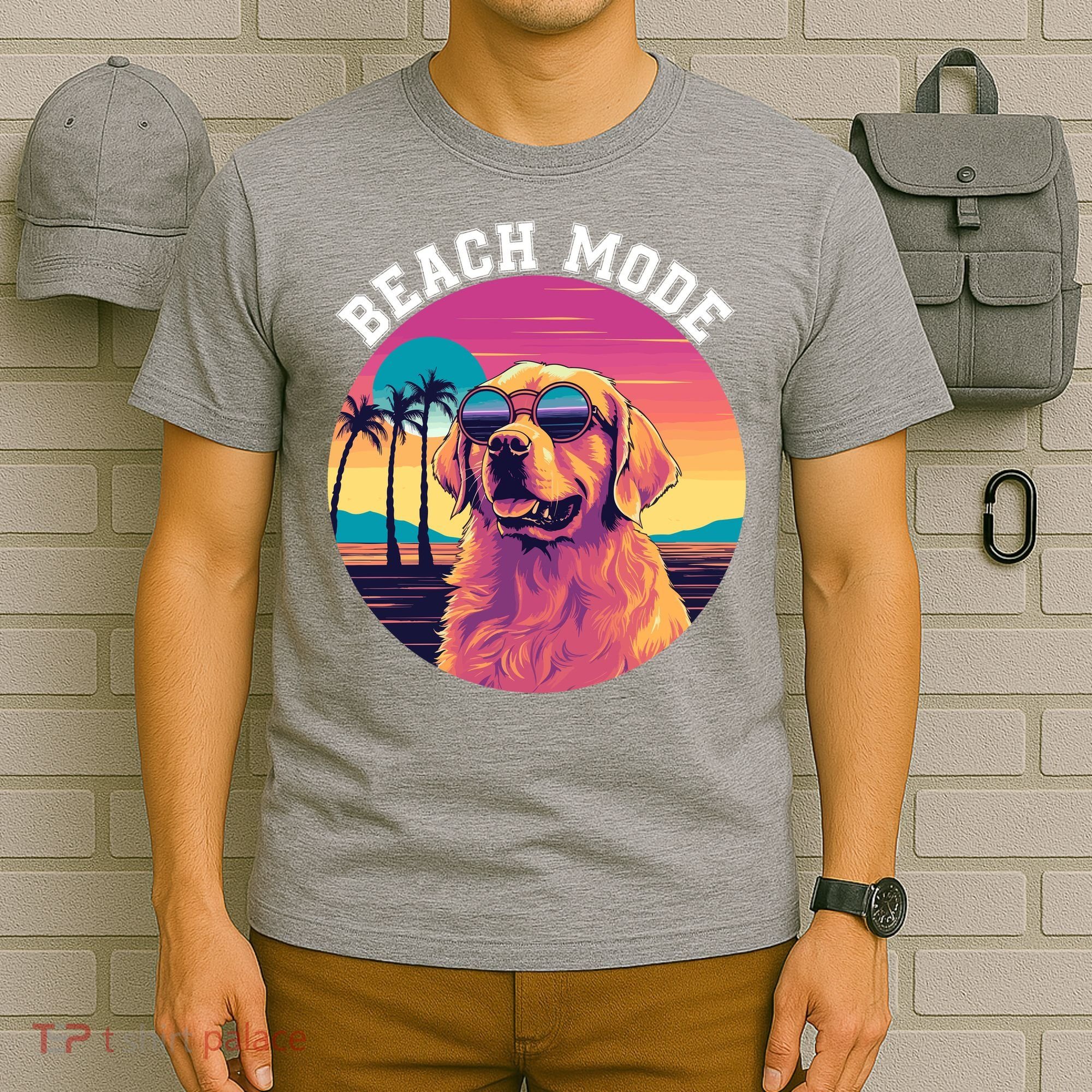 Beach Mode Vacy Mode Beach Life Vintage Sunset Beach Trip Golden Retriever T-Shirt