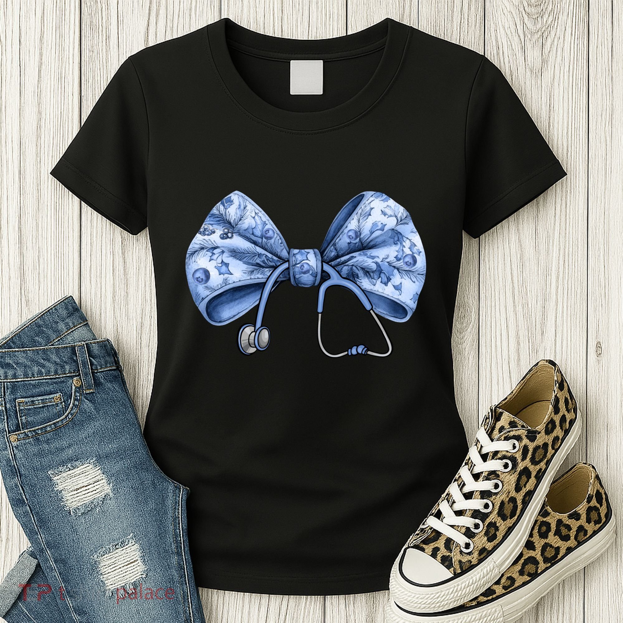 Blue Nurse Coquette Bow Stethoscope Nursing Medical Doctor Women's T-Shirt