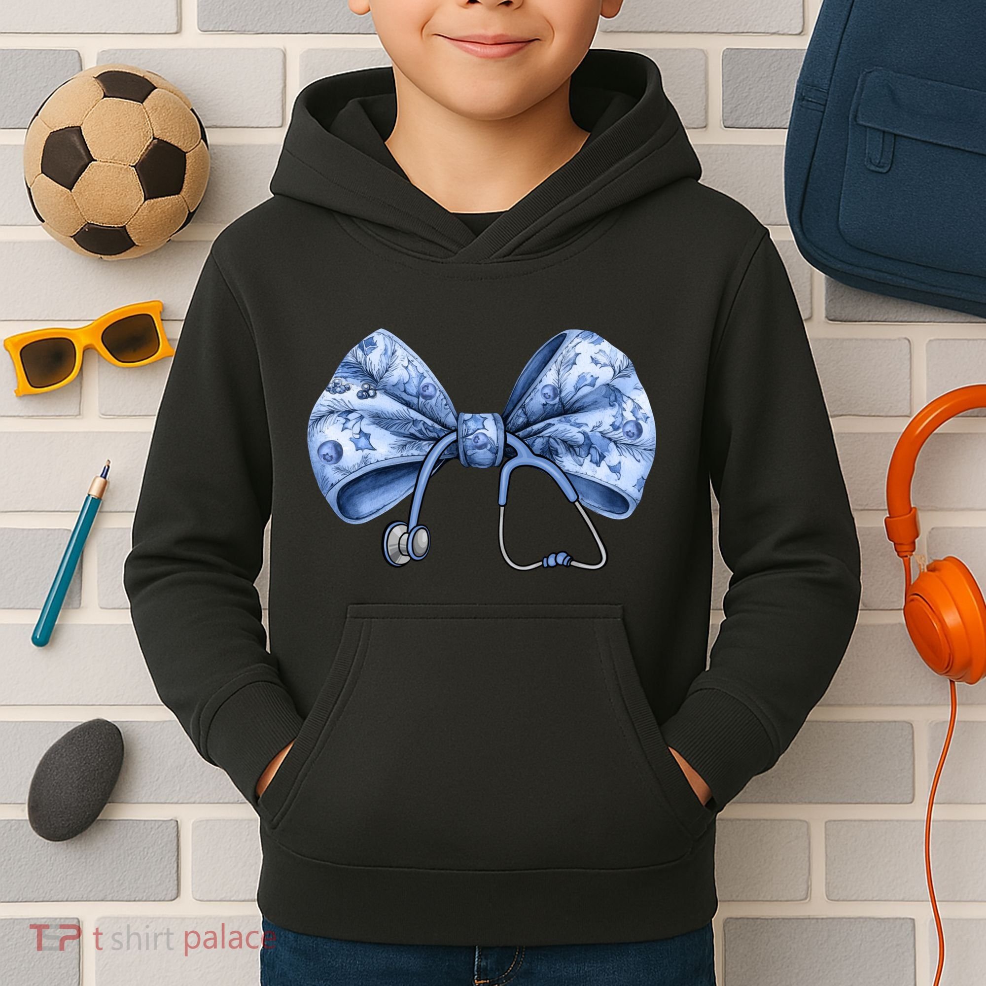 Blue Nurse Coquette Bow Stethoscope Nursing Medical Doctor Kids Hoodie
