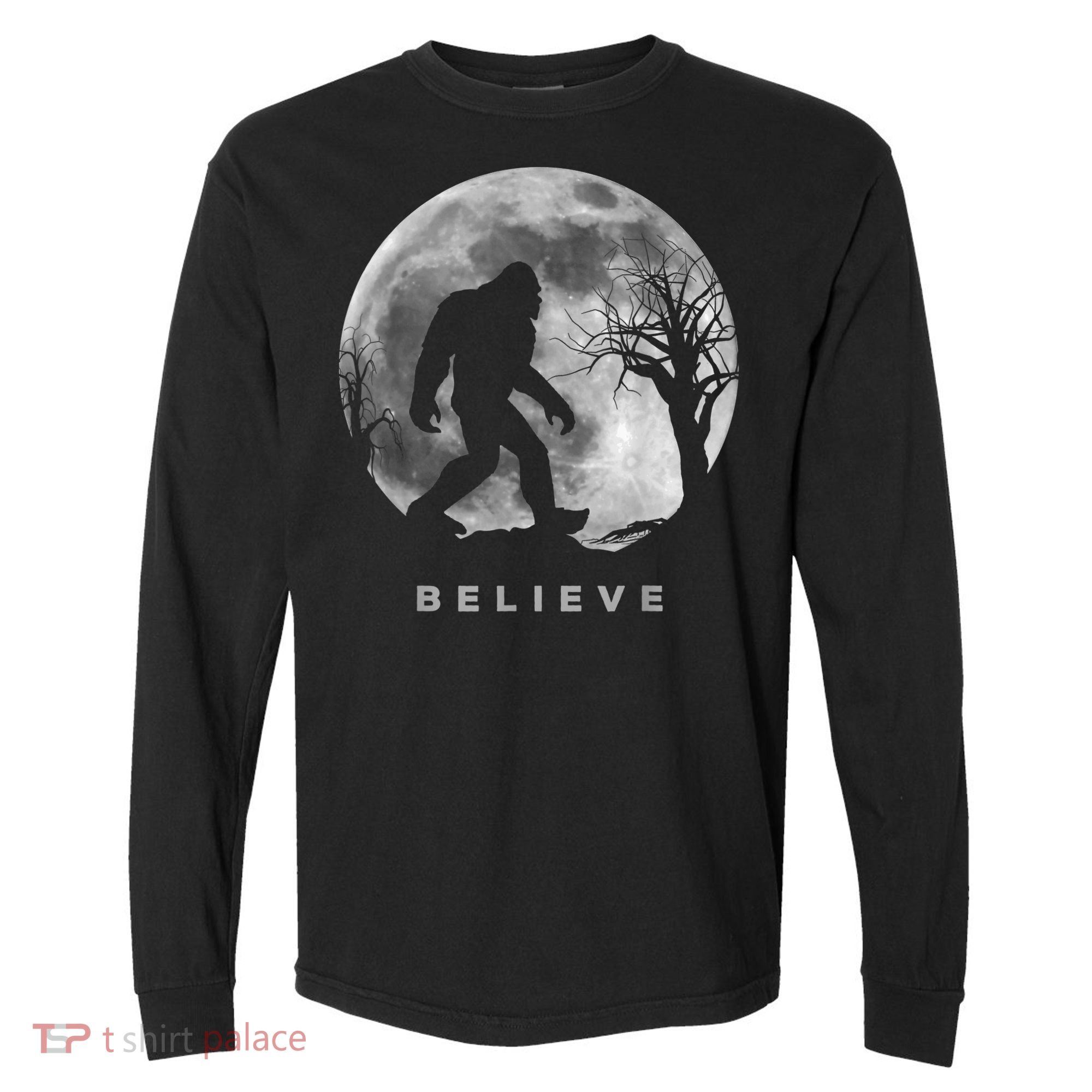 Bigfoot Night Full Moon I Believe Sasquatch Men Kids Comfort Colors Heavyweight Long Sleeve T-Shirt