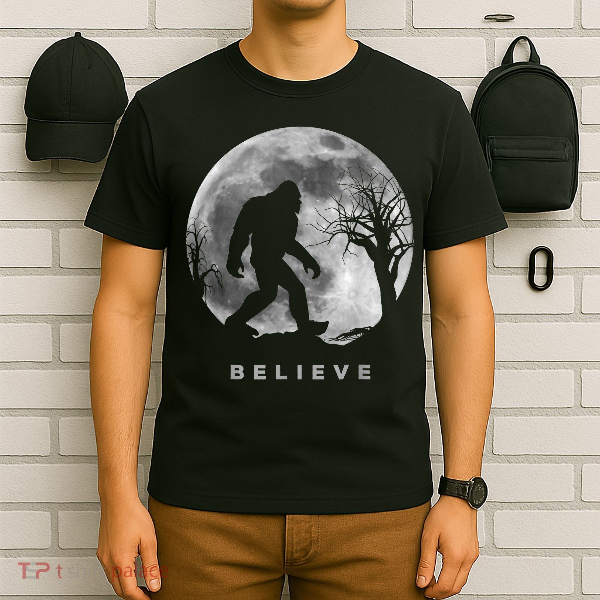Bigfoot Night Full Moon I Believe Sasquatch Men Kids T-Shirt
