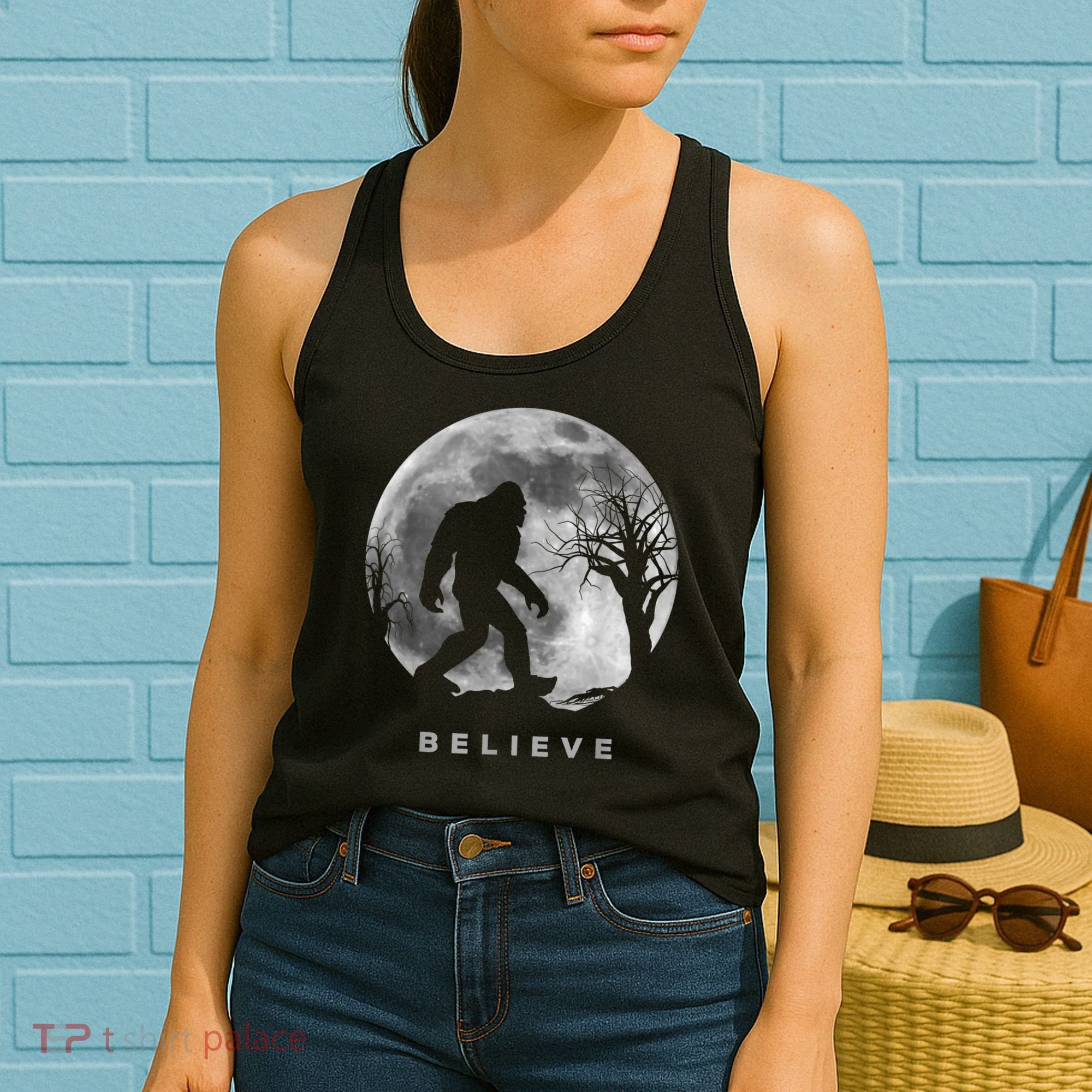 Bigfoot Night Full Moon I Believe Sasquatch Men Kids Women's Tank Top