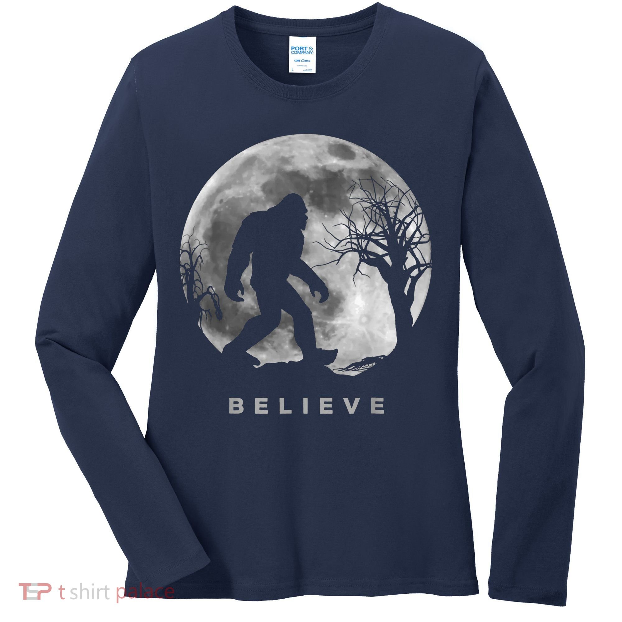 Bigfoot Night Full Moon I Believe Sasquatch Women's Long Sleeve Shirt