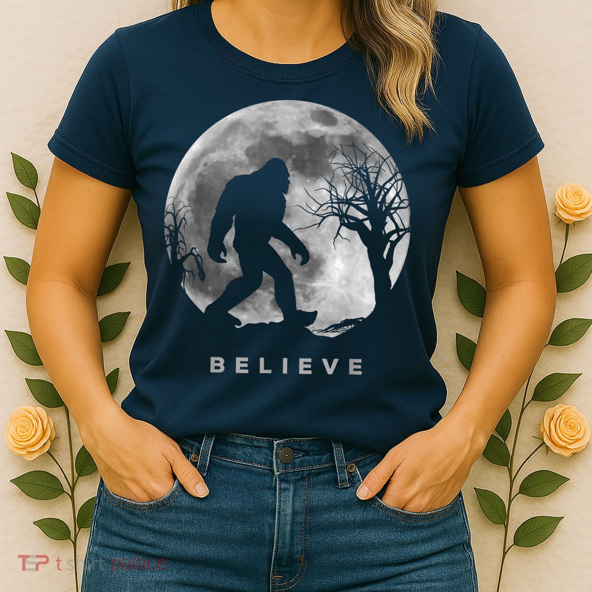 Bigfoot Night Full Moon I Believe Sasquatch Women's T-Shirt