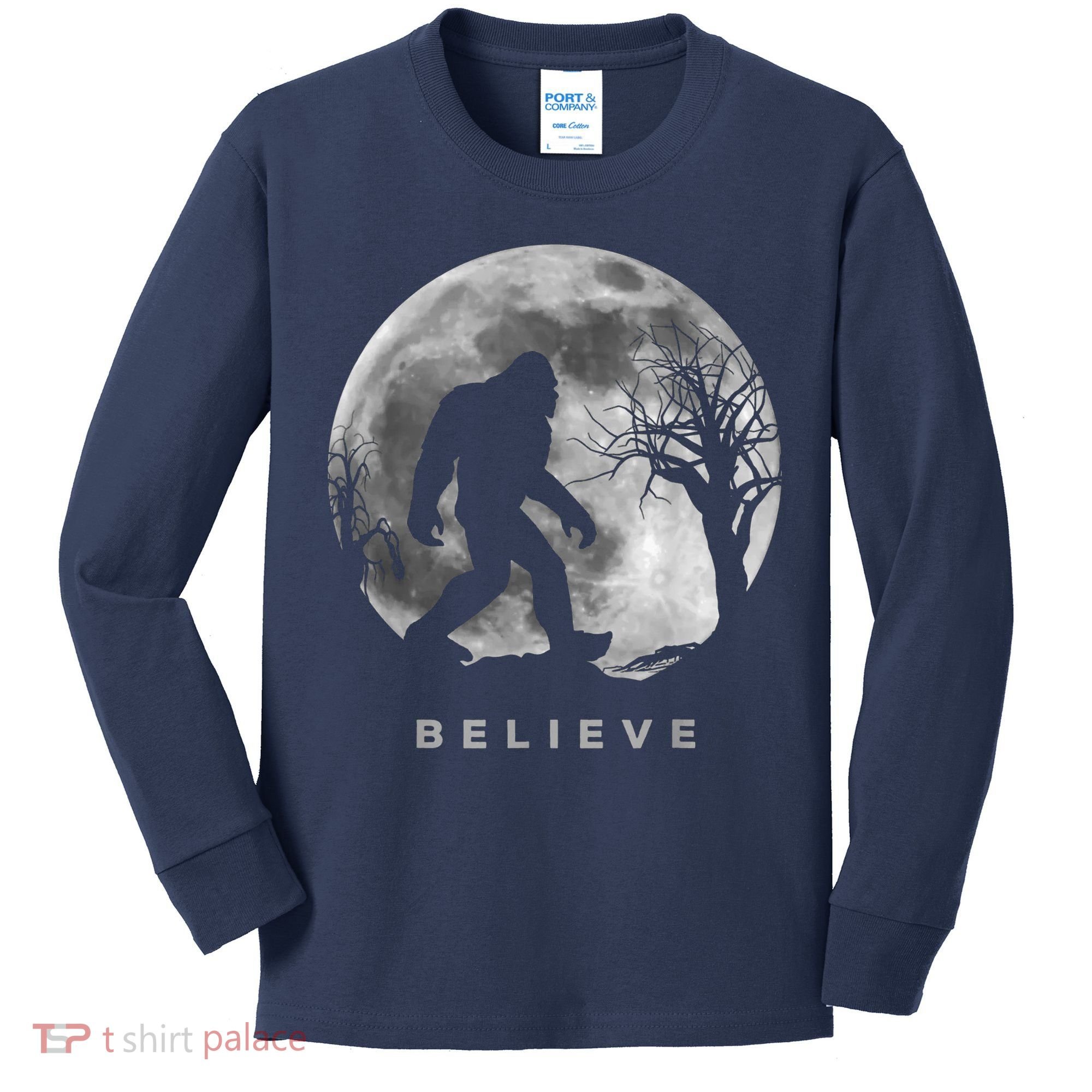Bigfoot Night Full Moon I Believe Sasquatch Kids Long Sleeve Shirt