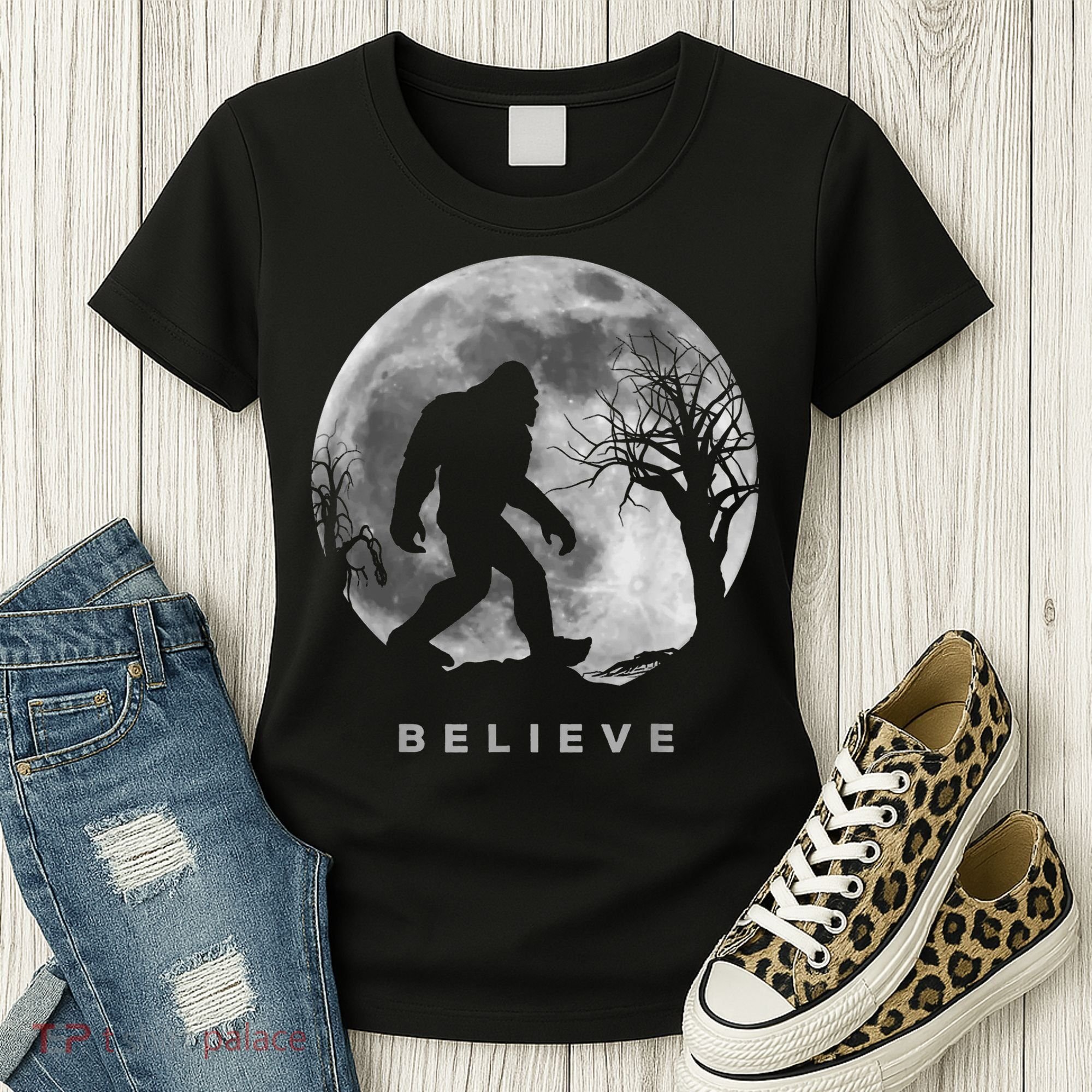 Bigfoot Night Full Moon I Believe Sasquatch Women's T-Shirt