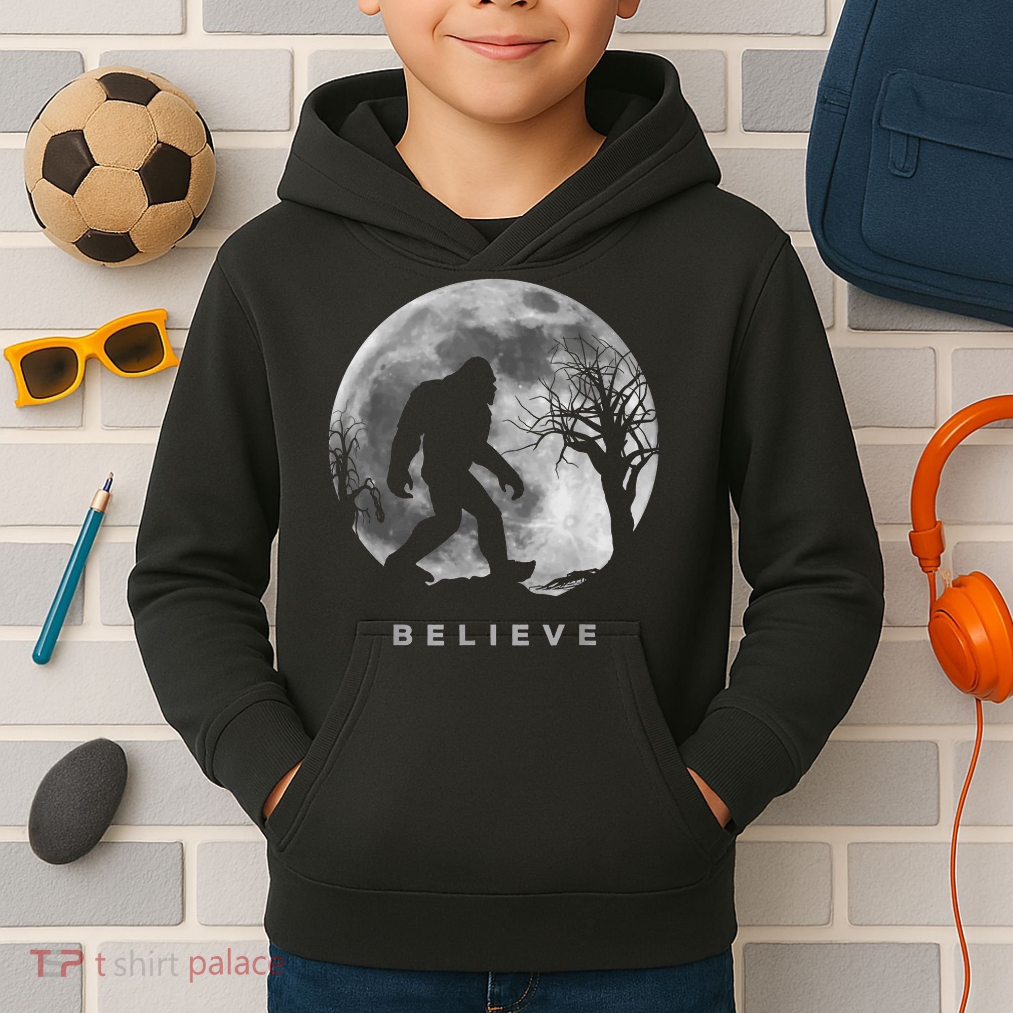 Bigfoot Night Full Moon I Believe Sasquatch Kids Hoodie
