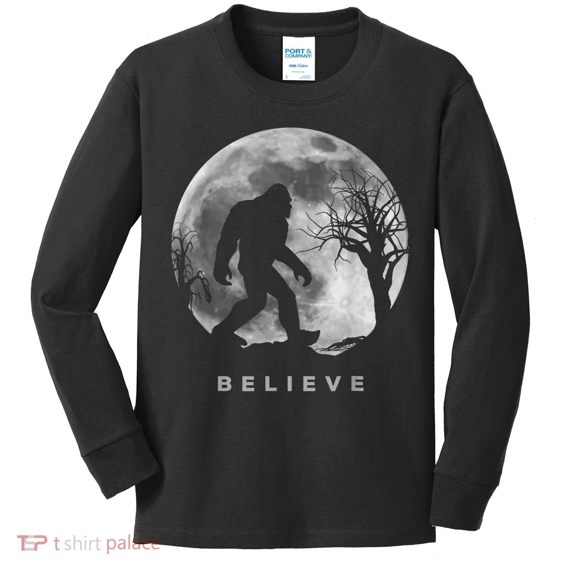 Bigfoot Night Full Moon I Believe Sasquatch Kids Long Sleeve Shirt