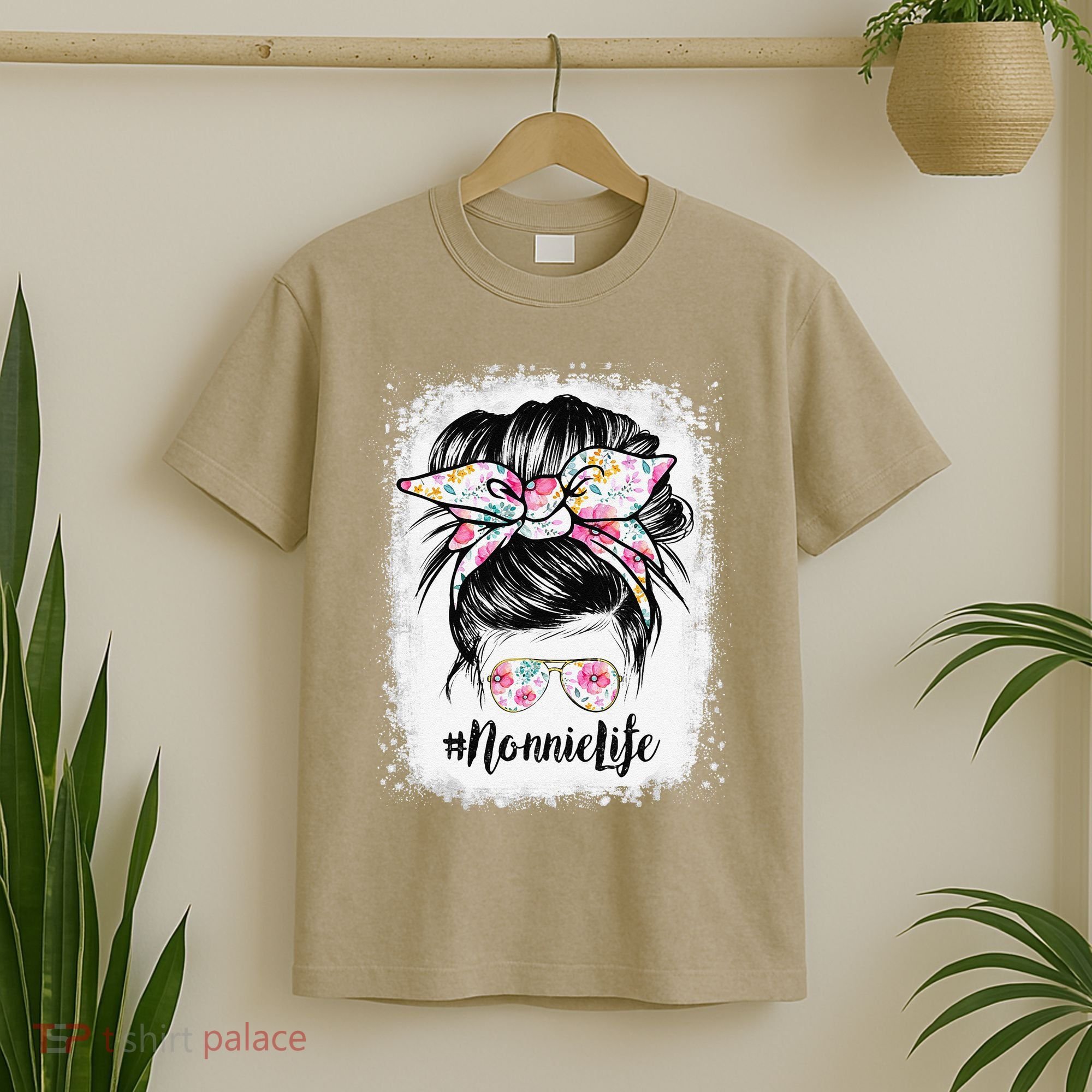 Bleached Nonnie Life Messy Hair Bun Floral Mother's Day T-Shirt