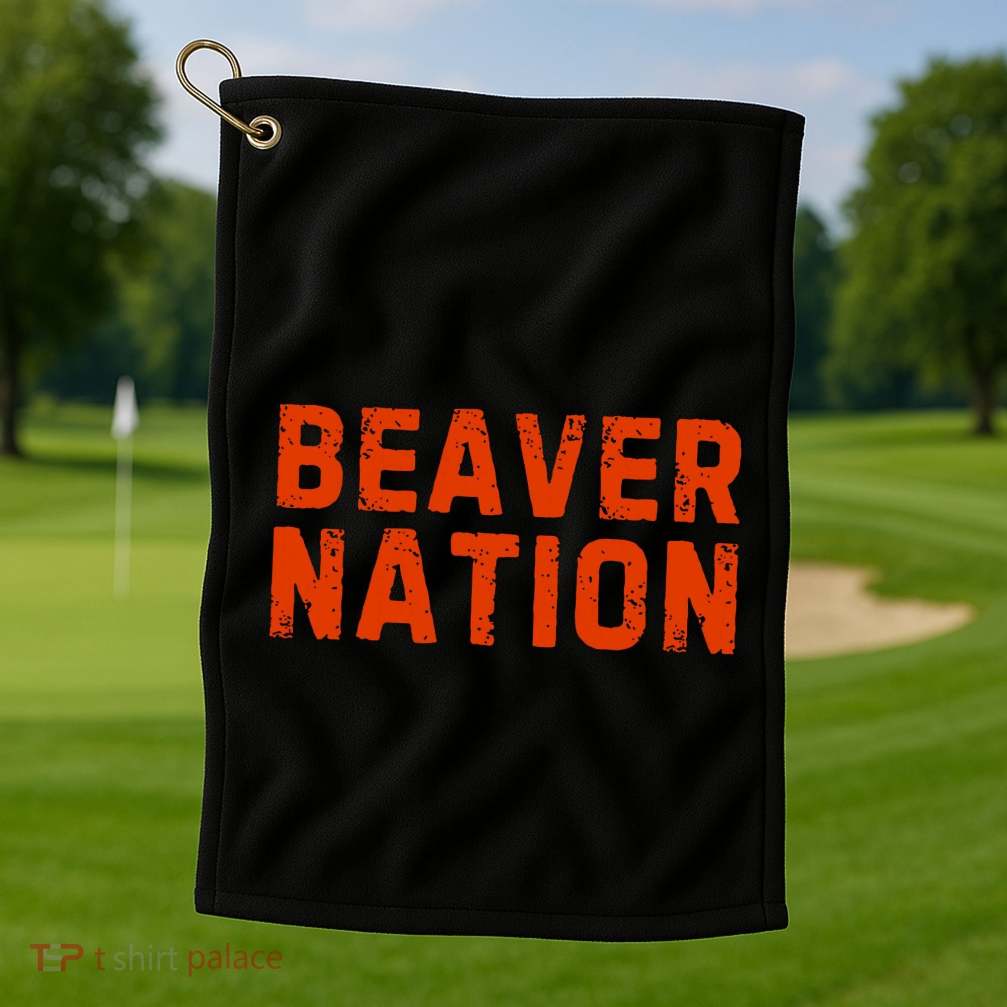 Beaver Nation Orange Distressed Font Golf Towel