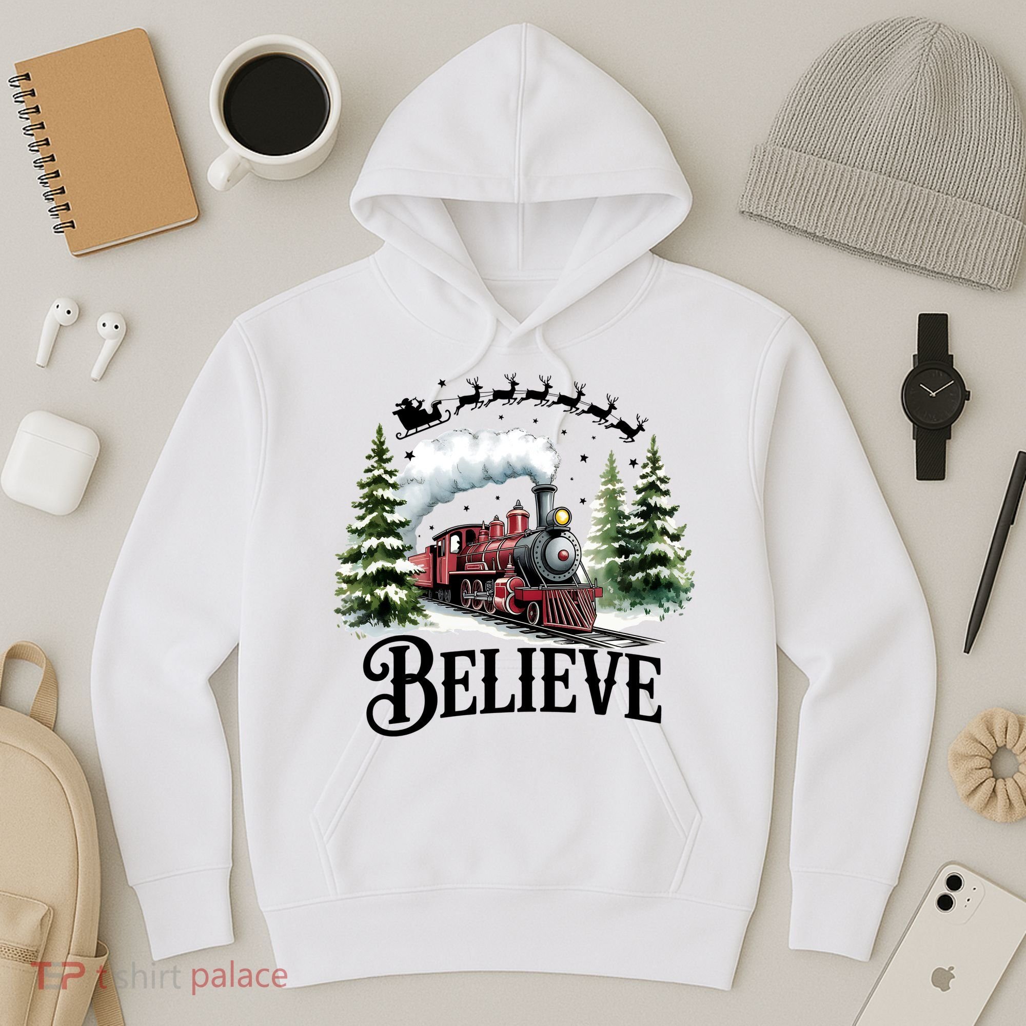 Believe North Pole Train Christmas Festive Hoodie