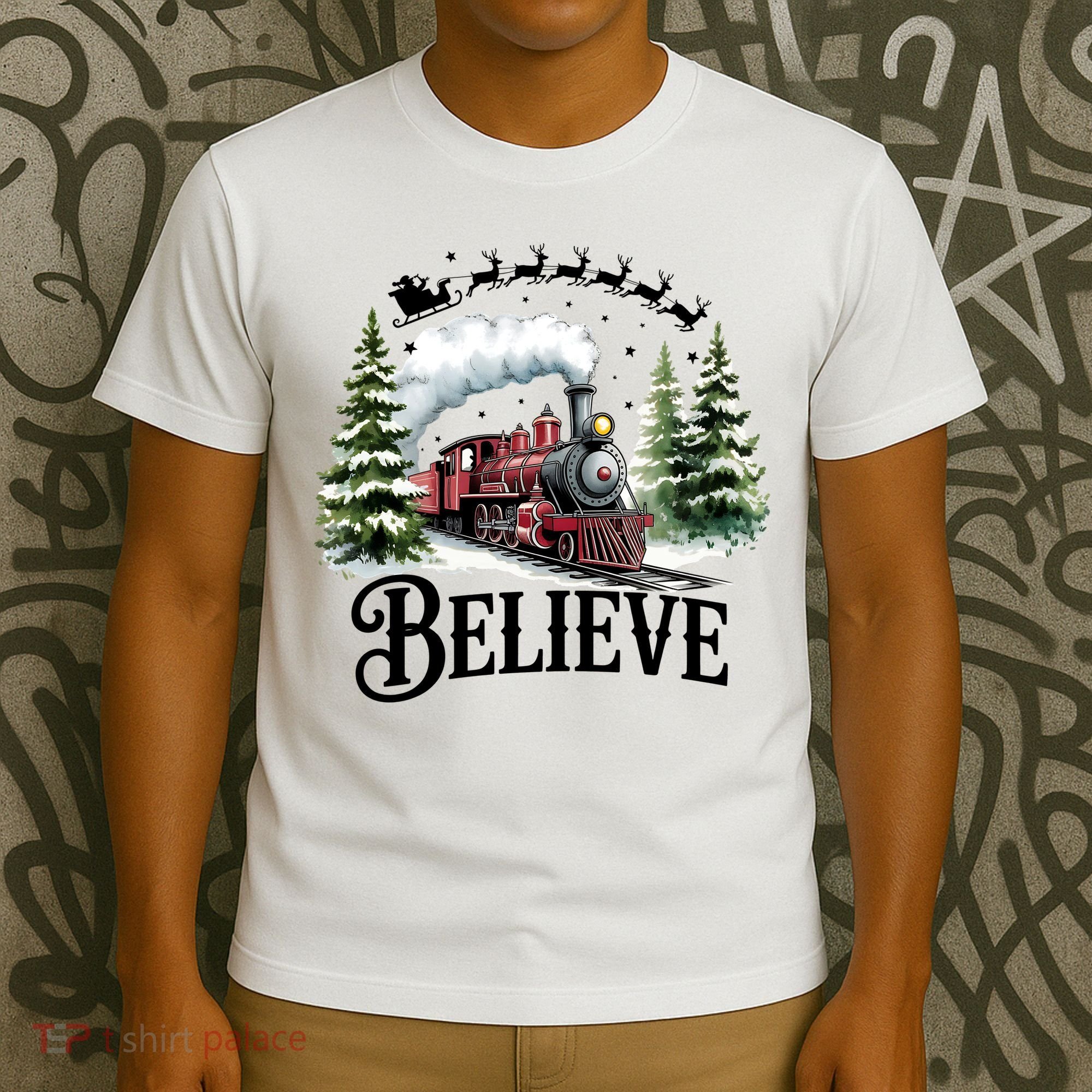 Believe North Pole Train Christmas Festive T-Shirt