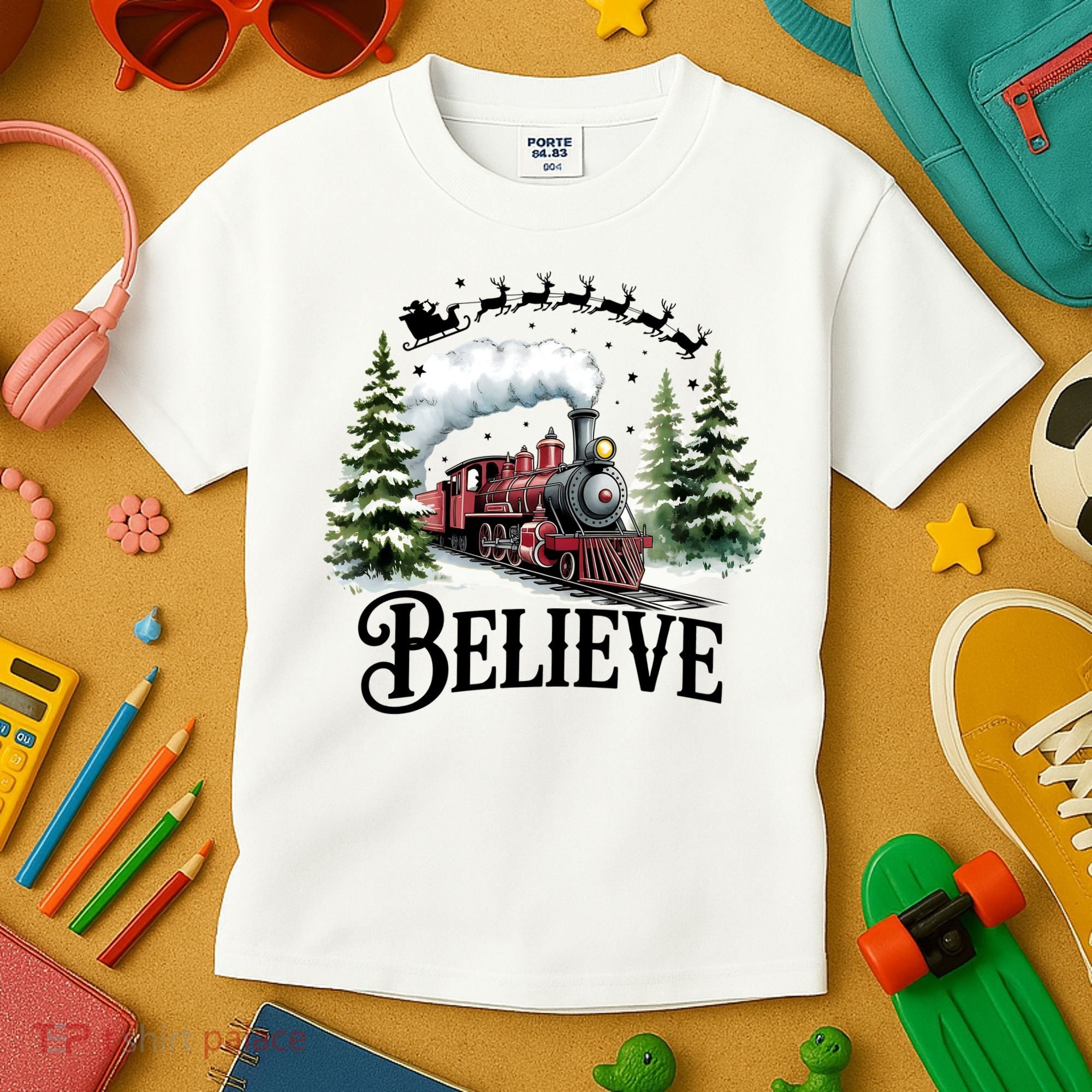 Believe North Pole Train Christmas Festive Kids T-Shirt