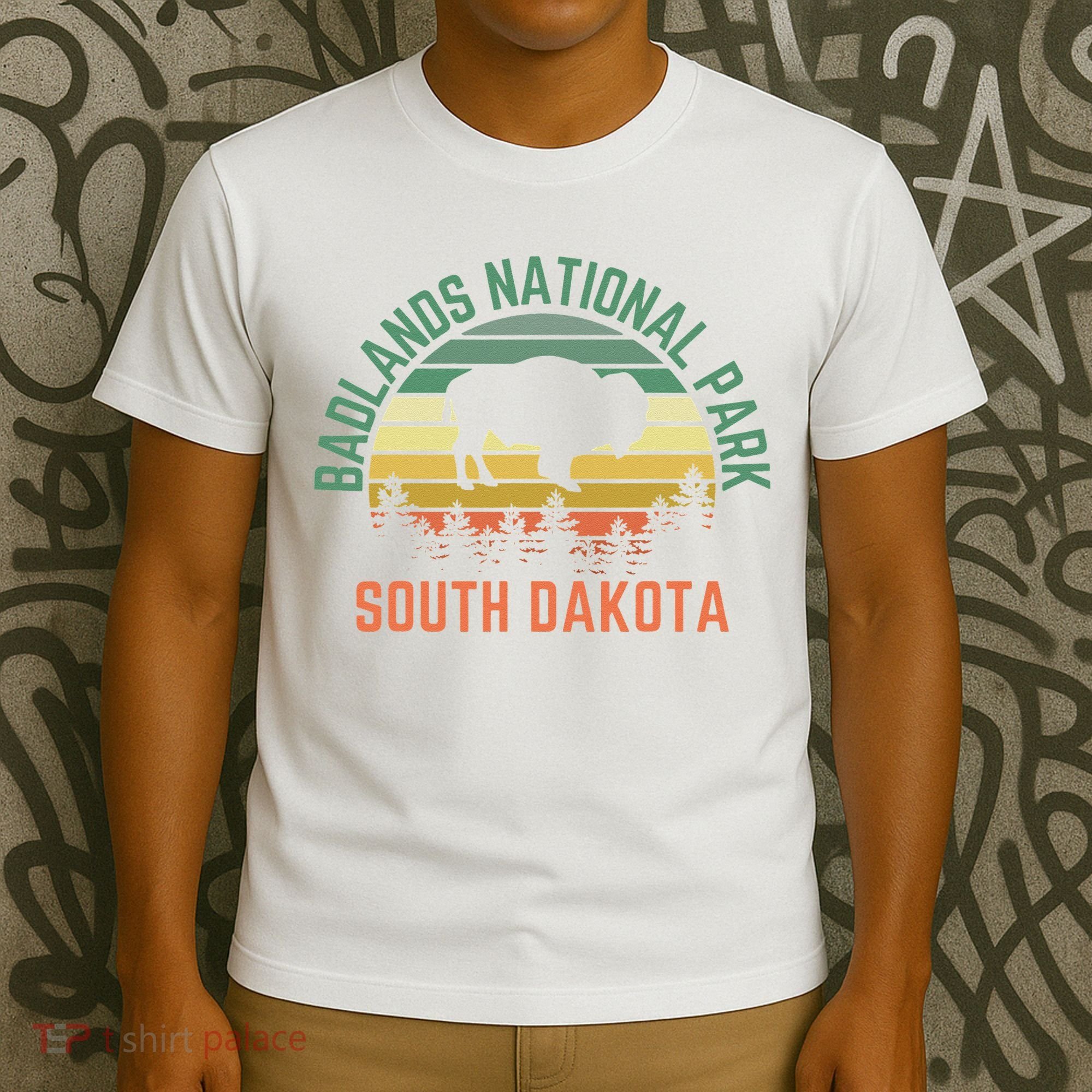 Badlands National Park South Dakota Buffalo Retro Sunset T-Shirt