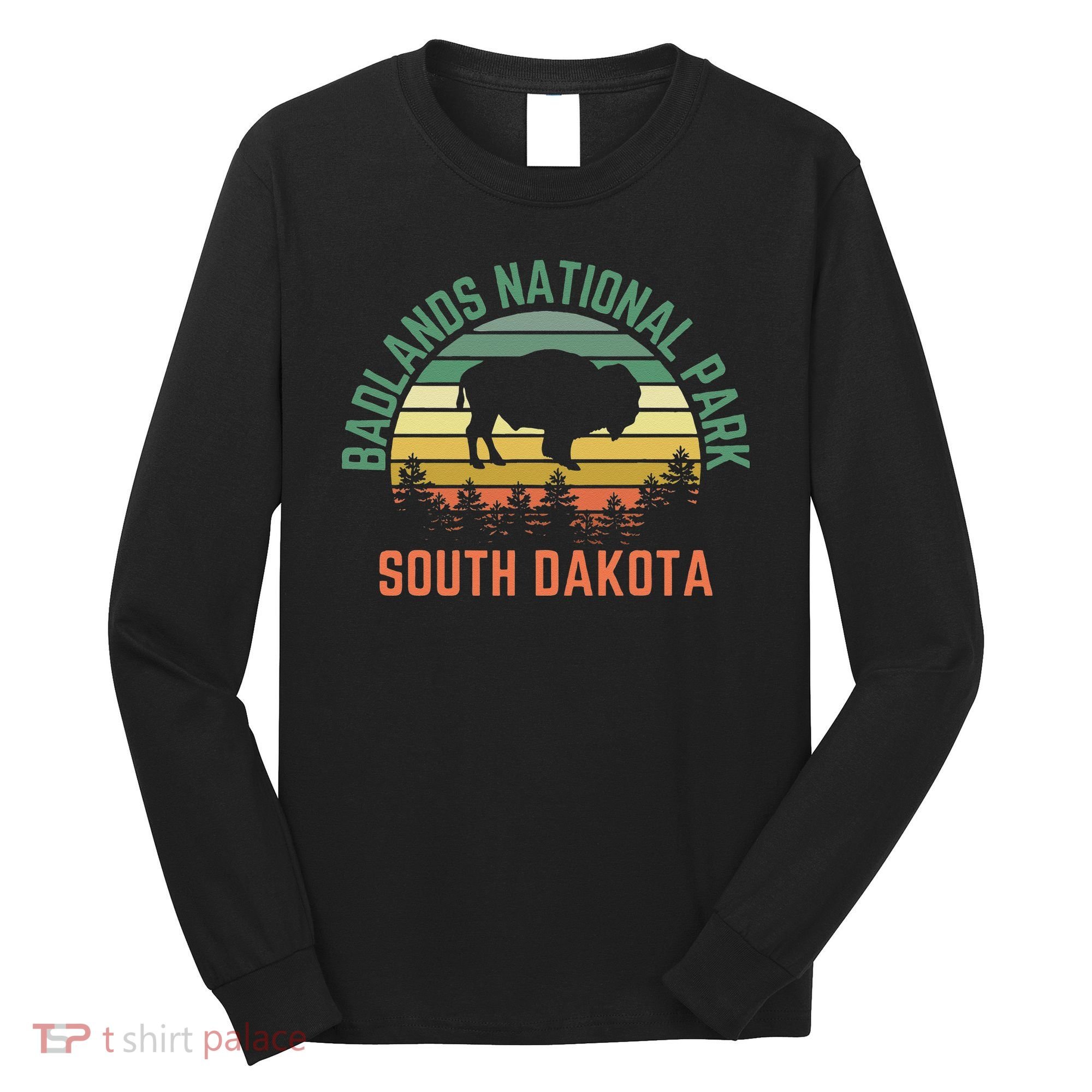 Badlands National Park South Dakota Buffalo Retro Sunset Long Sleeve Shirt