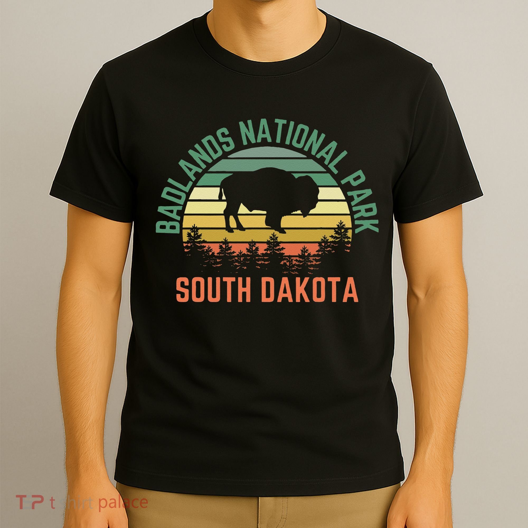 Badlands National Park South Dakota Buffalo Retro Sunset T-Shirt
