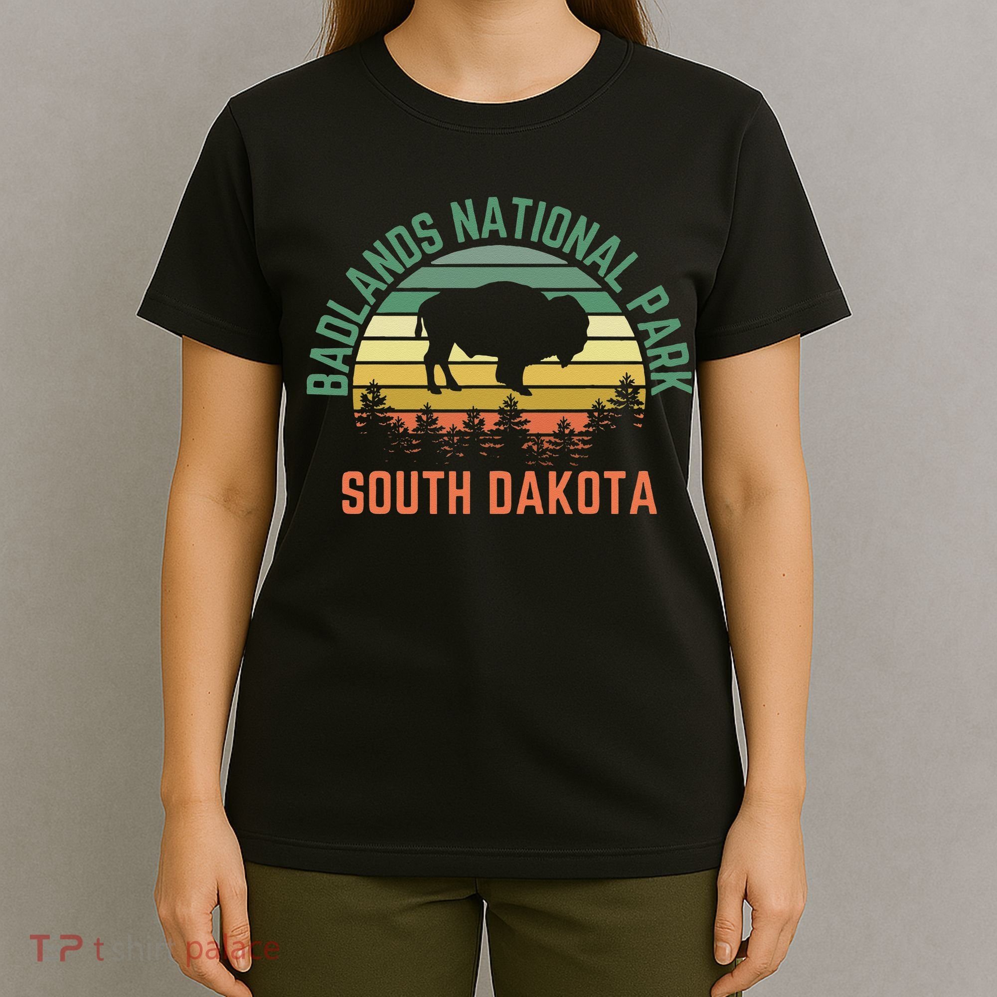 Badlands National Park South Dakota Buffalo Retro Sunset T-Shirt