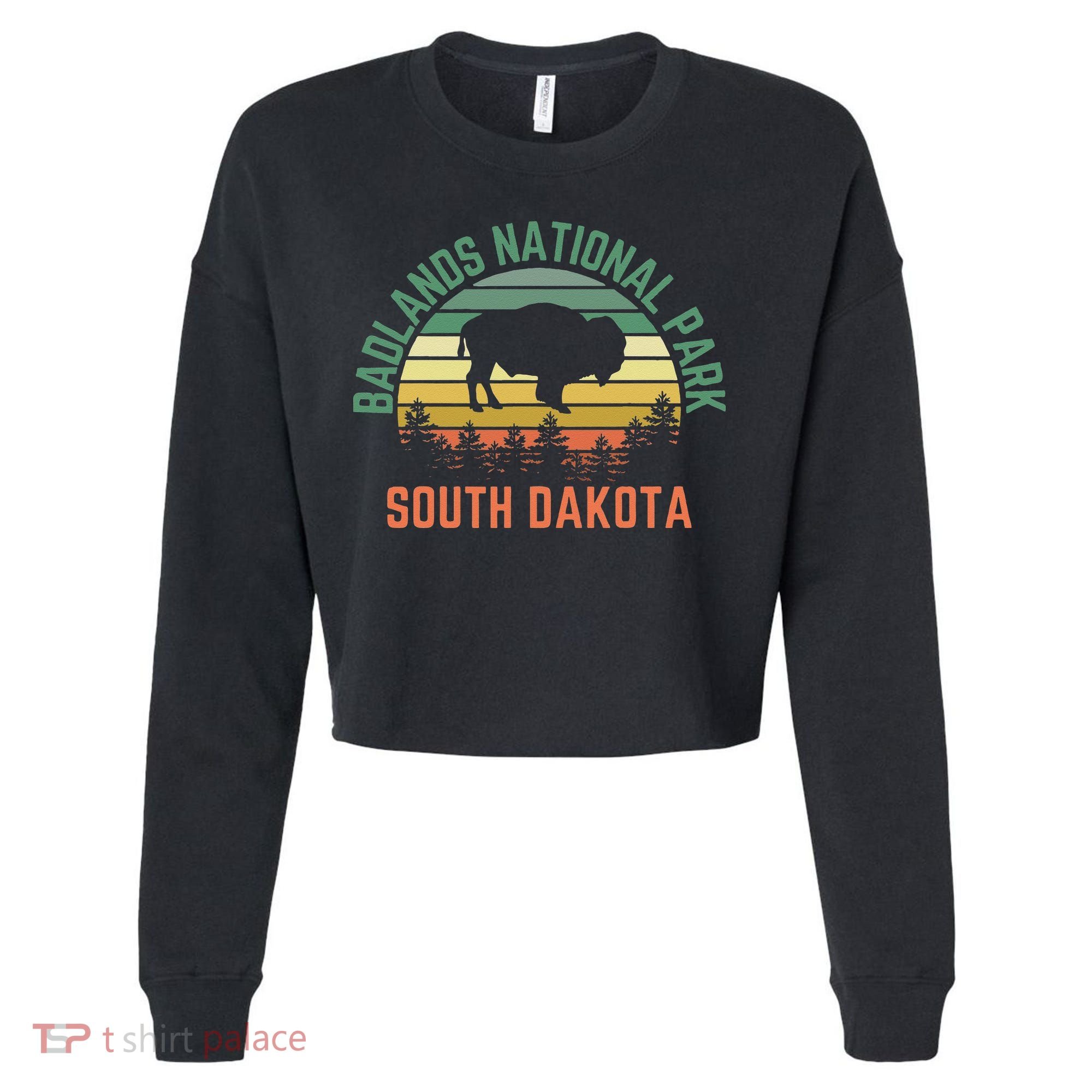 Badlands National Park South Dakota Buffalo Retro Sunset Cropped Pullover Crew