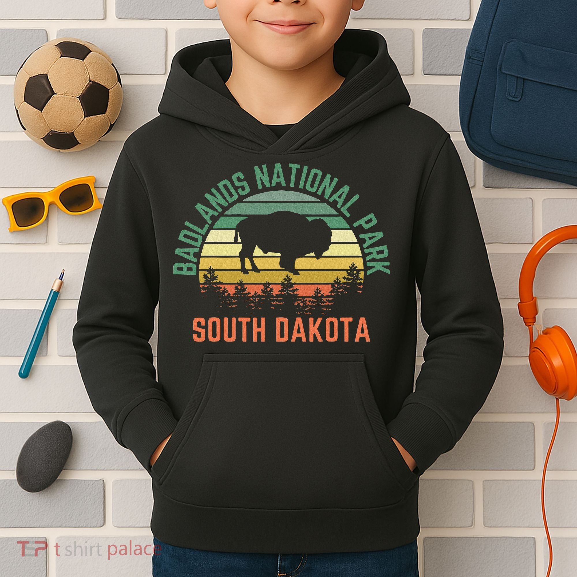 Badlands National Park South Dakota Buffalo Retro Sunset Kids Hoodie