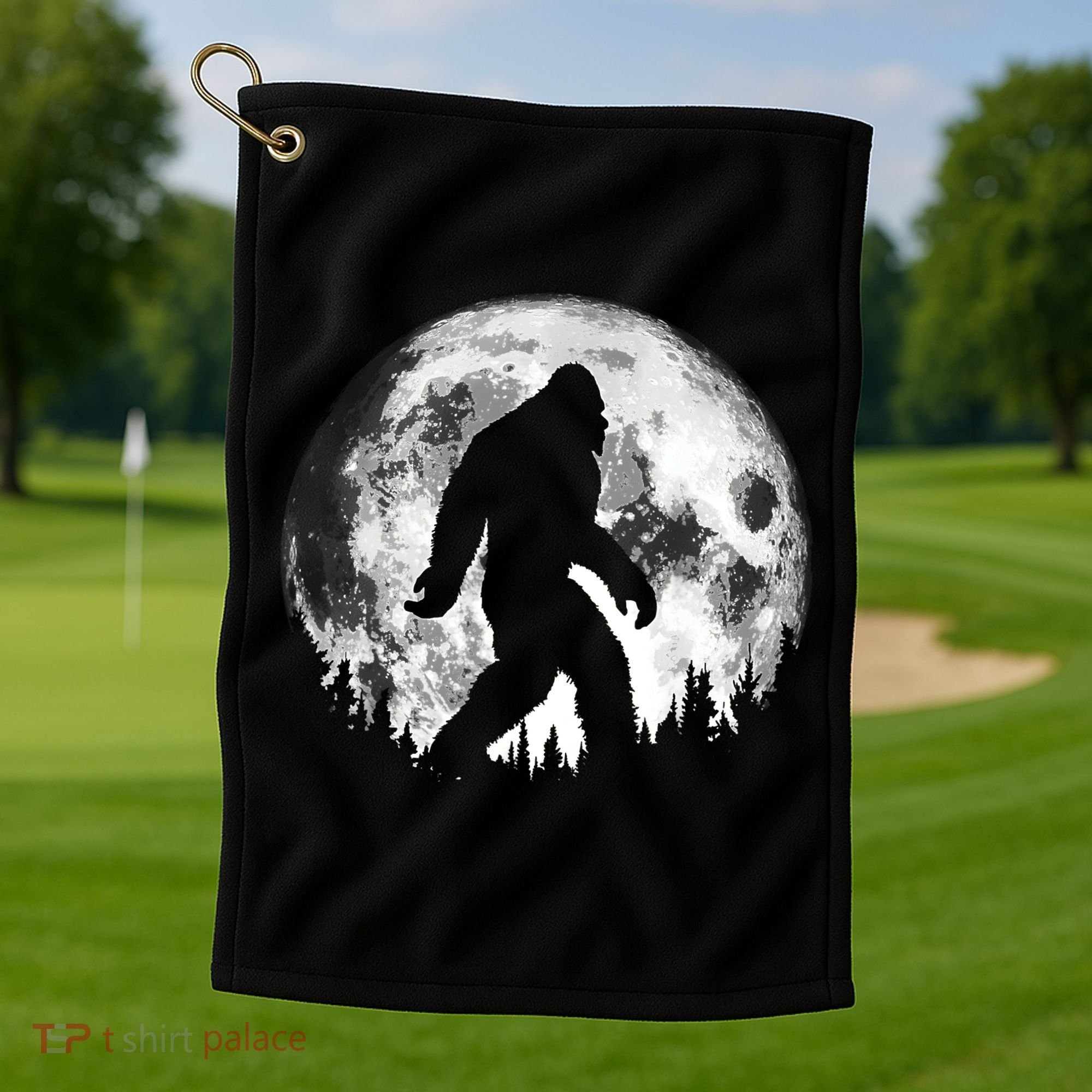 Bigfoot Night Stroll! Cool Full Moon Night & Trees Sasquatch Golf Towel