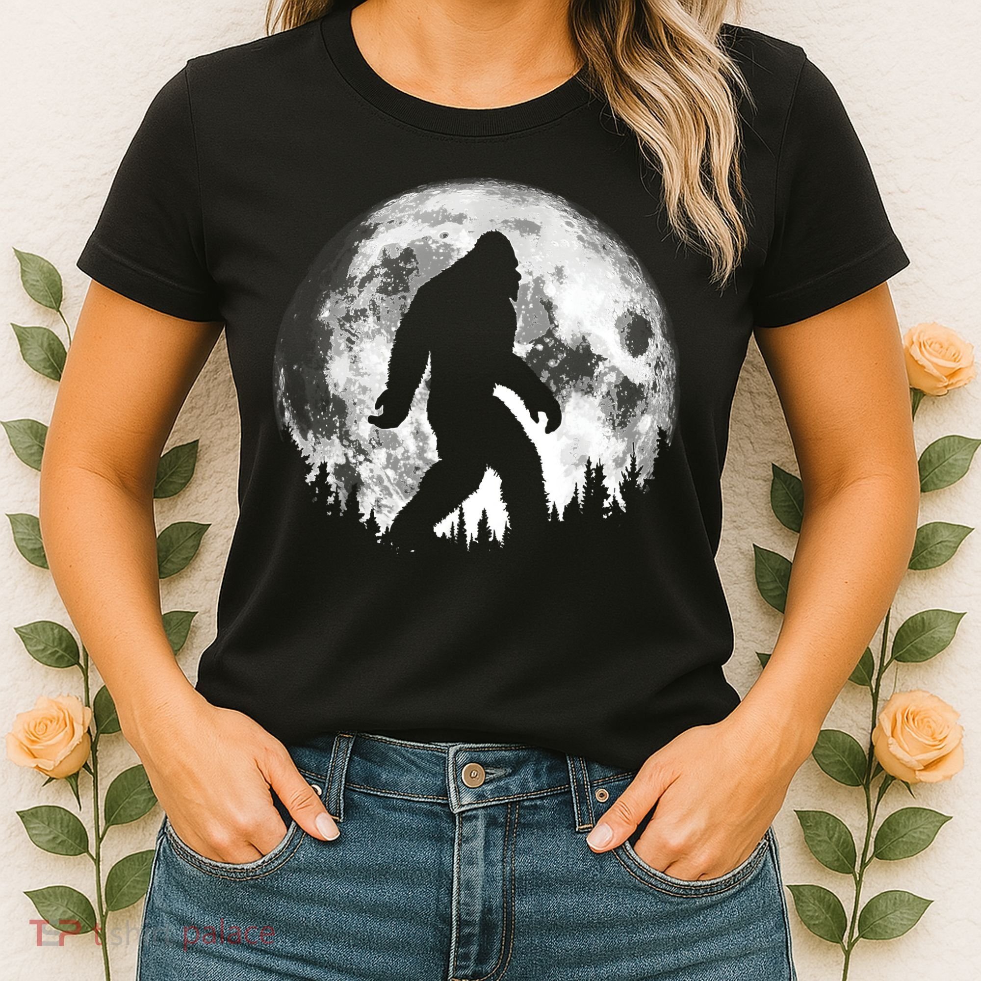 Bigfoot Night Stroll! Cool Full Moon Night & Trees Sasquatch Women's T-Shirt
