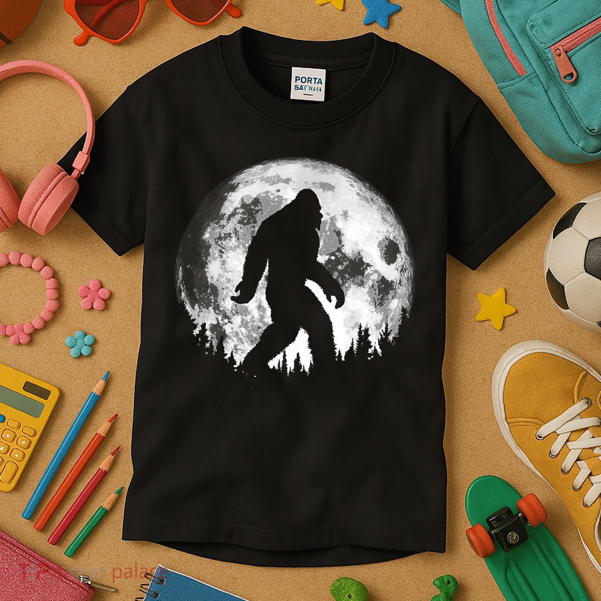 Bigfoot Night Stroll! Cool Full Moon Night & Trees Sasquatch Kids T-Shirt