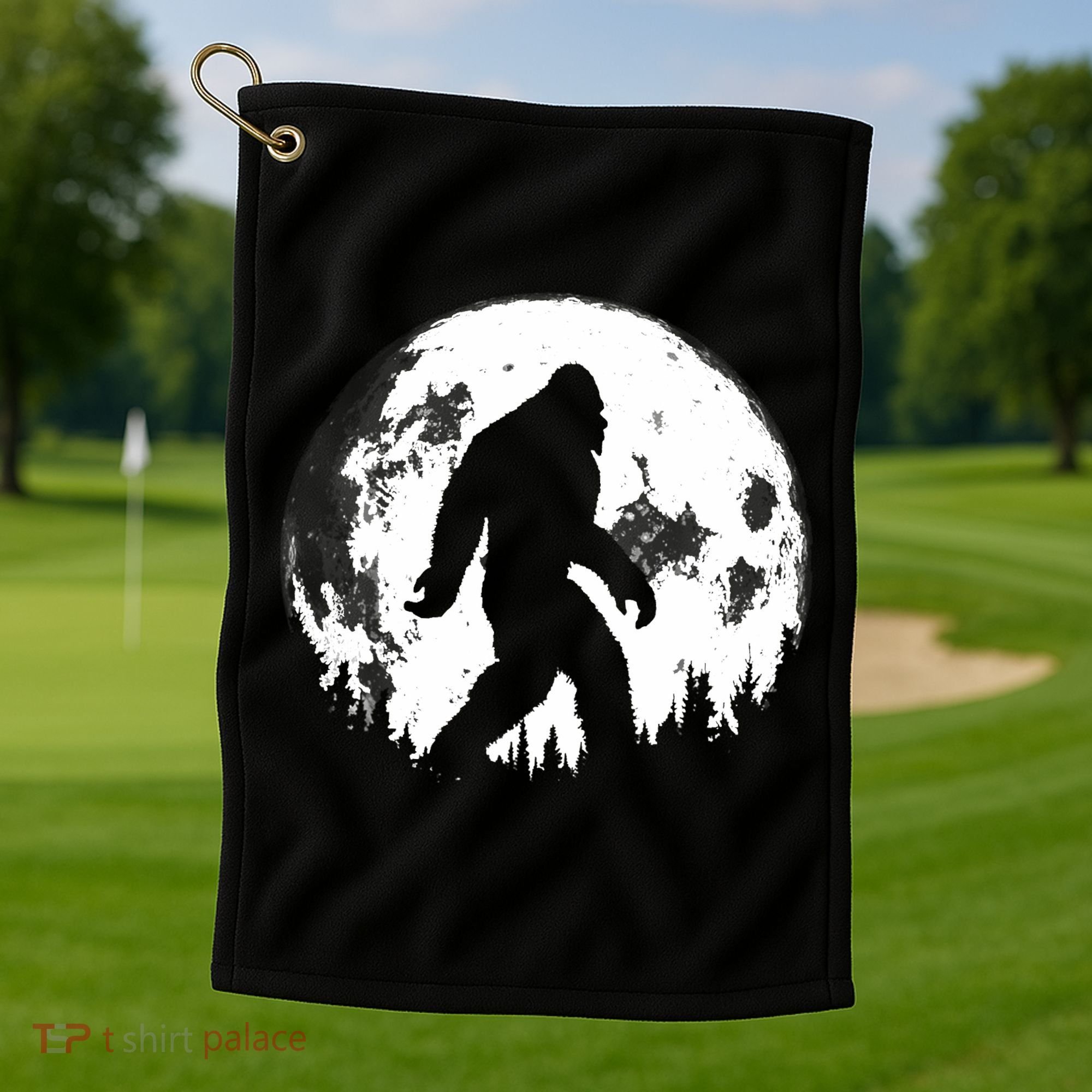 Bigfoot Night Stroll! Cool Full Moon Night & Trees Sasquatch Golf Towel