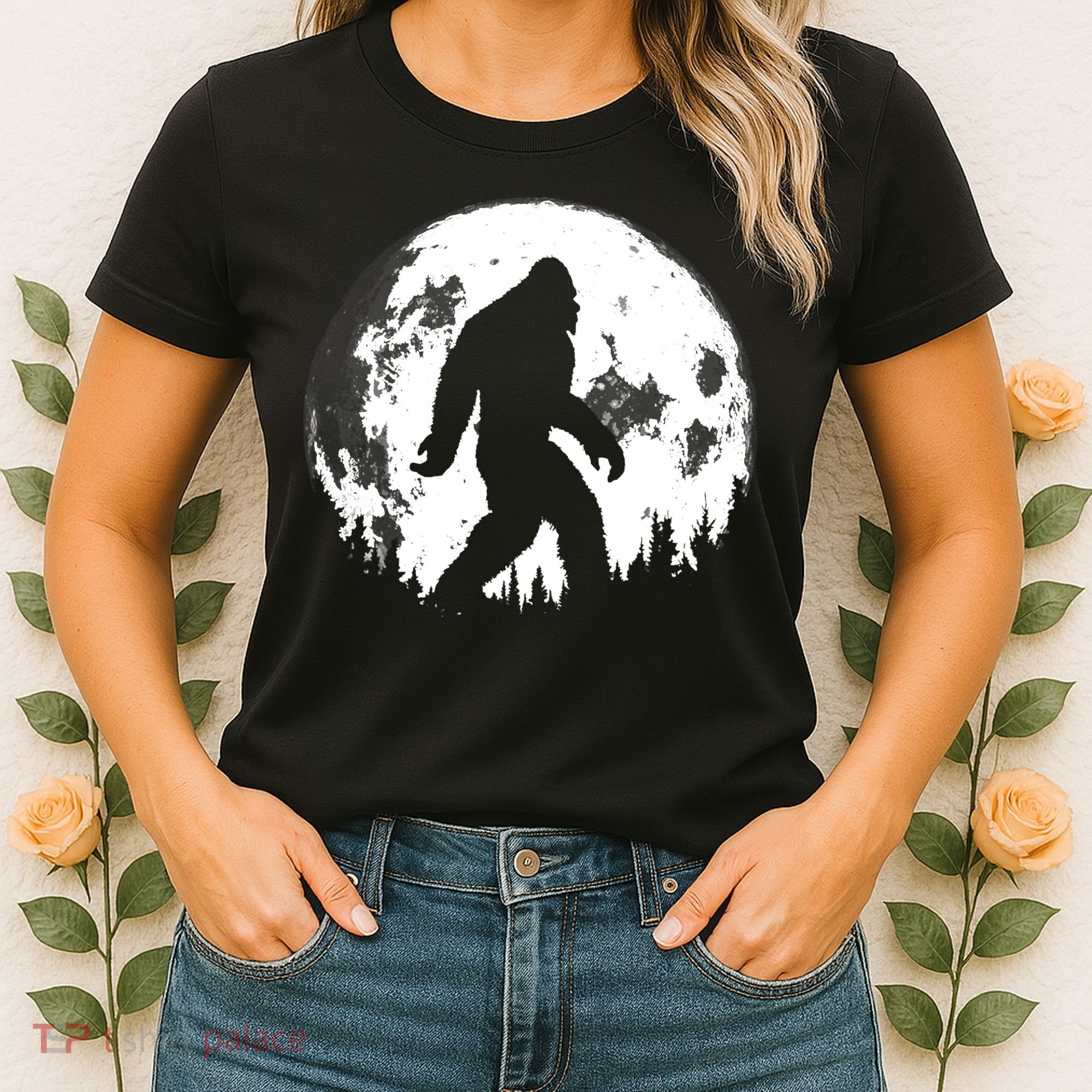 Bigfoot Night Stroll! Cool Full Moon Night & Trees Sasquatch Women's T-Shirt