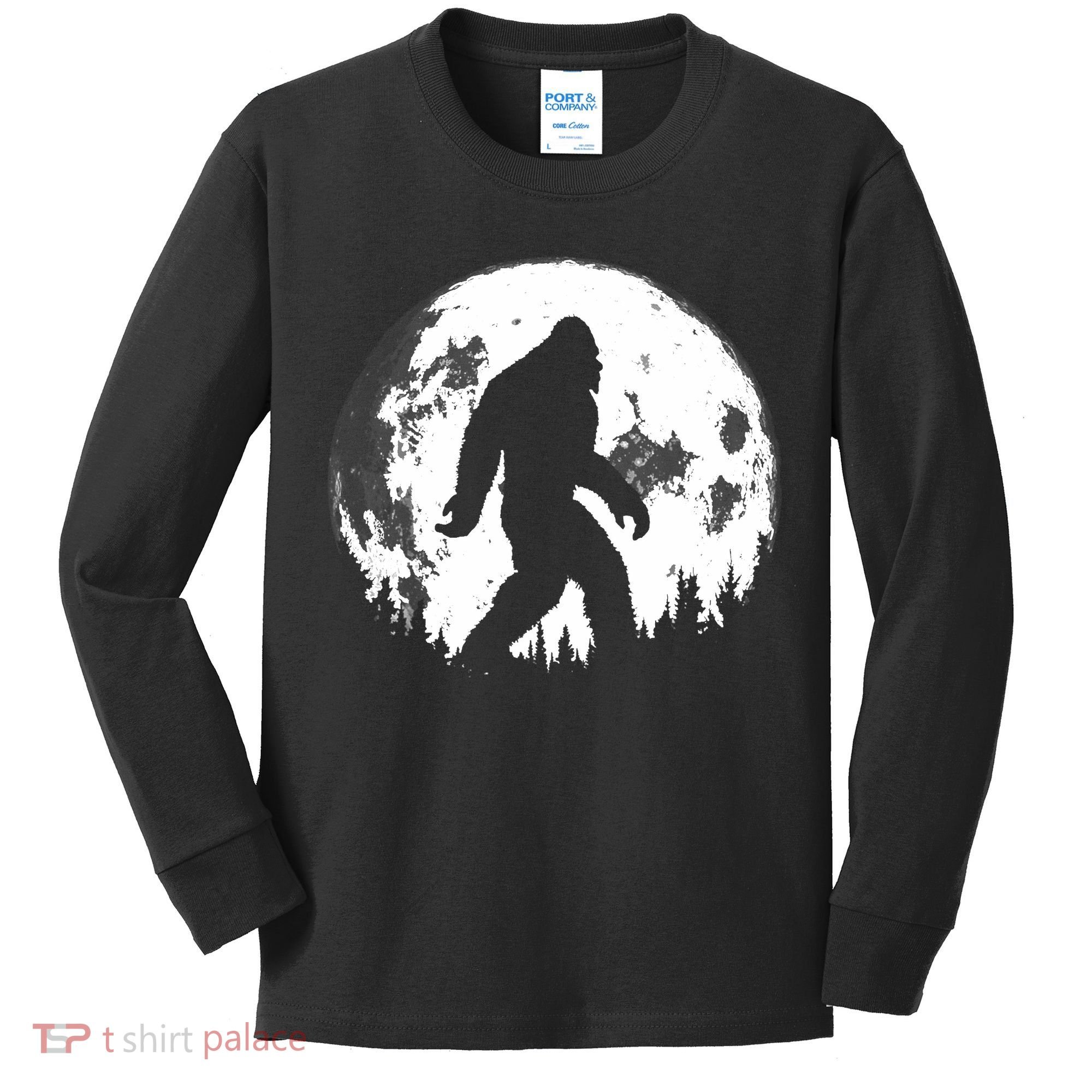Bigfoot Night Stroll! Cool Full Moon Night & Trees Sasquatch Kids Long Sleeve Shirt