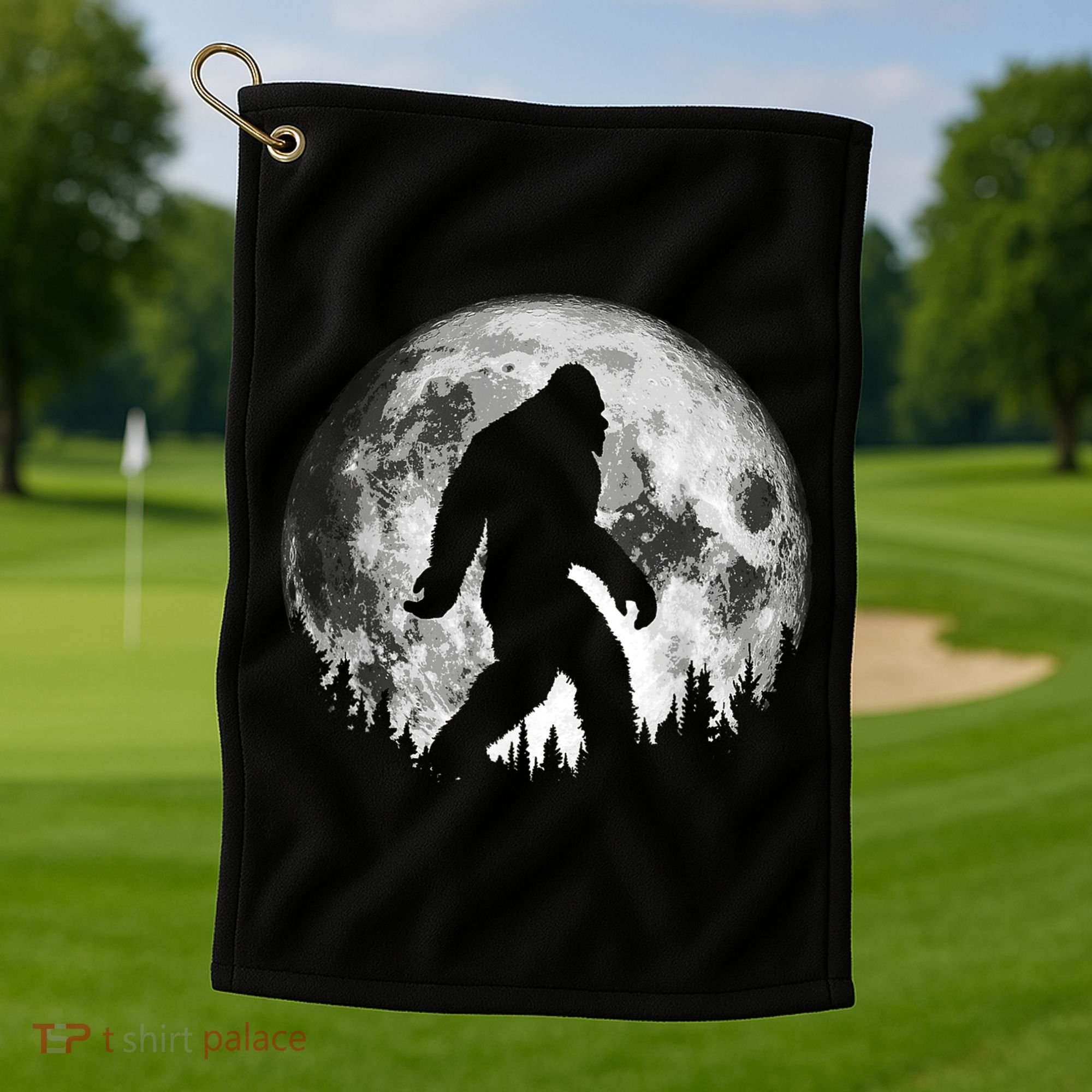 Bigfoot Night Stroll! Cool Full Moon & Trees Sasquatch Golf Towel