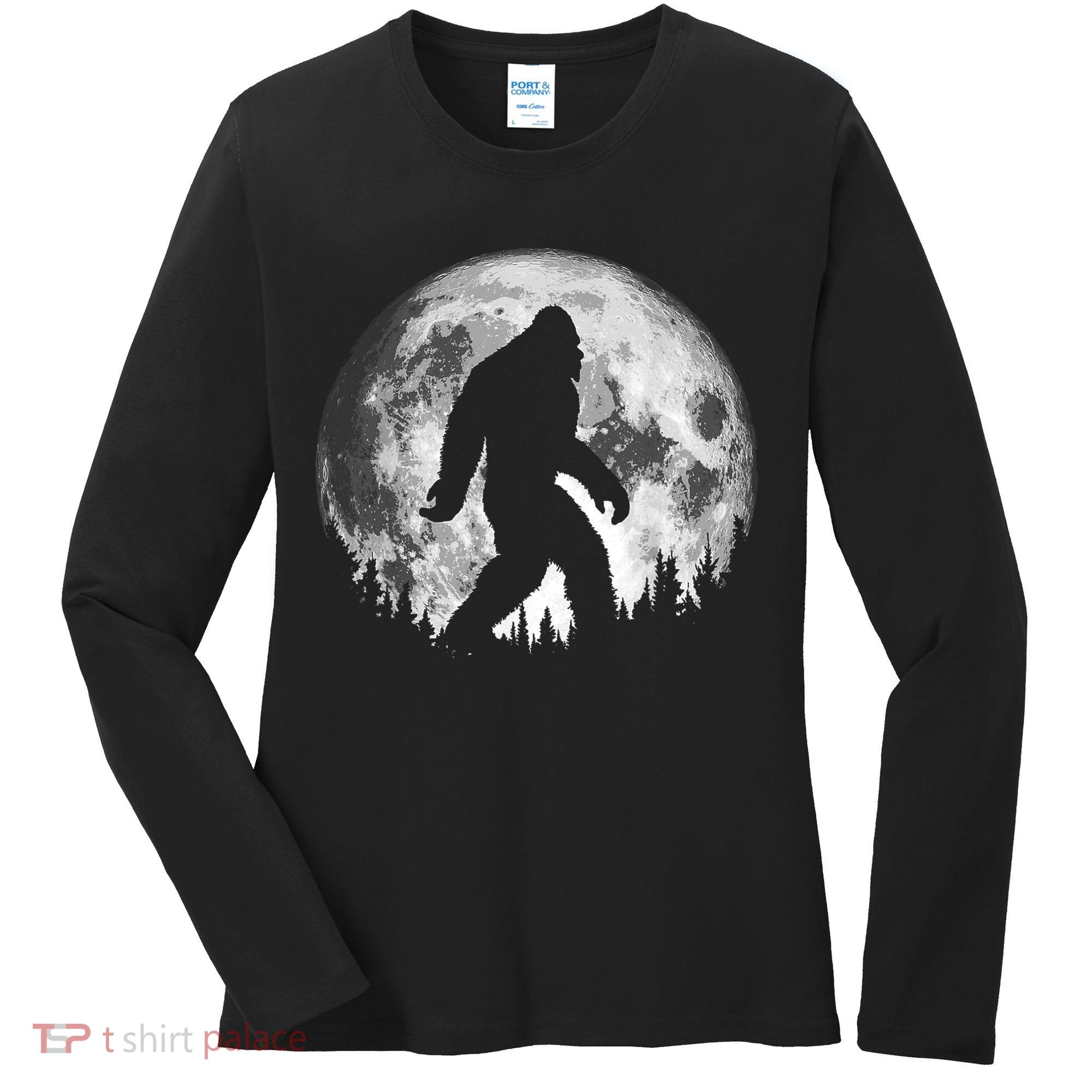 Bigfoot Night Stroll! Cool Full Moon & Trees Sasquatch Women's Long Sleeve Shirt