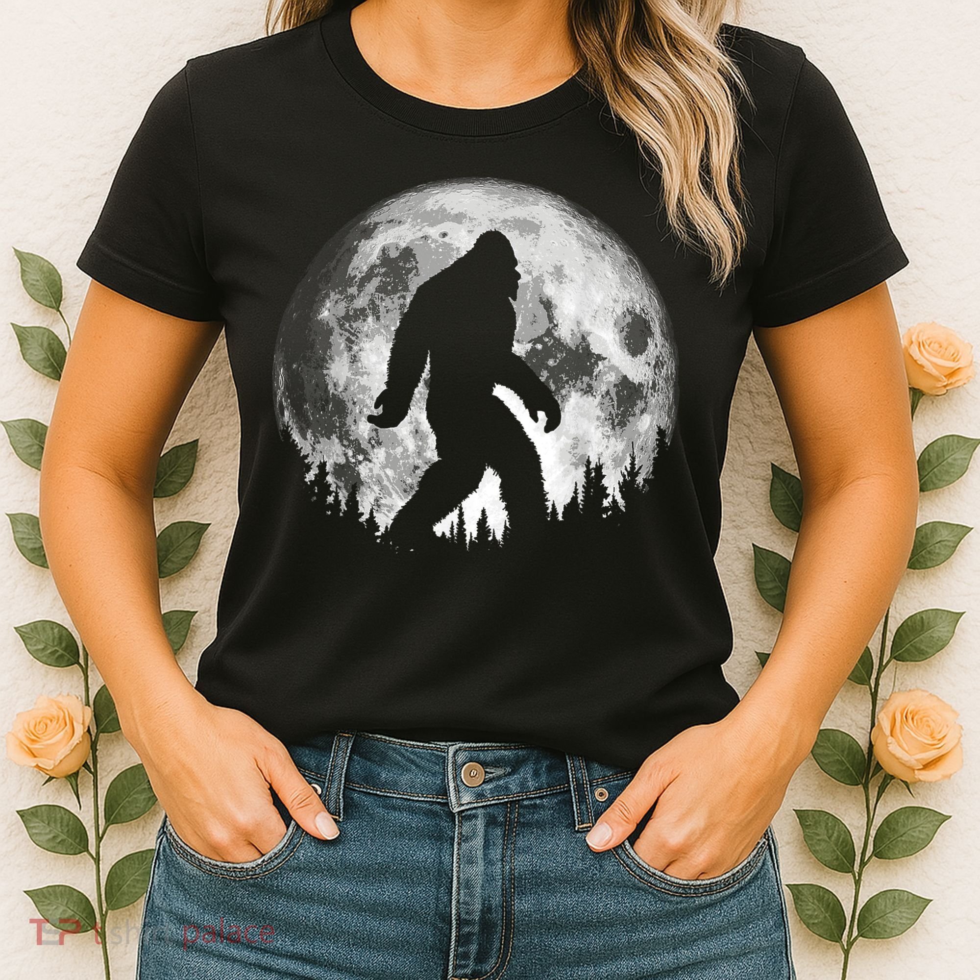 Bigfoot Night Stroll! Cool Full Moon & Trees Sasquatch Women's T-Shirt