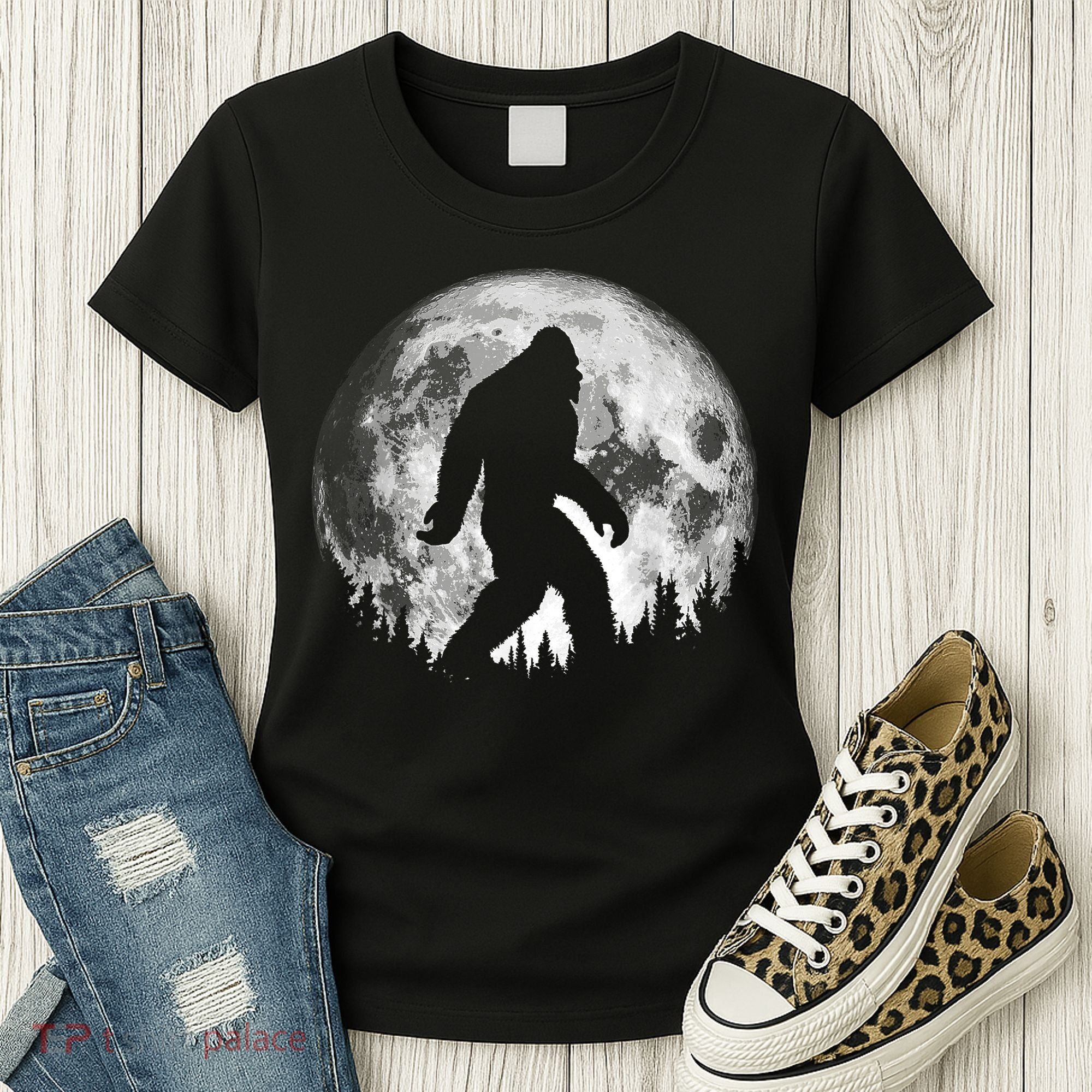 Bigfoot Night Stroll! Cool Full Moon & Trees Sasquatch Women's T-Shirt