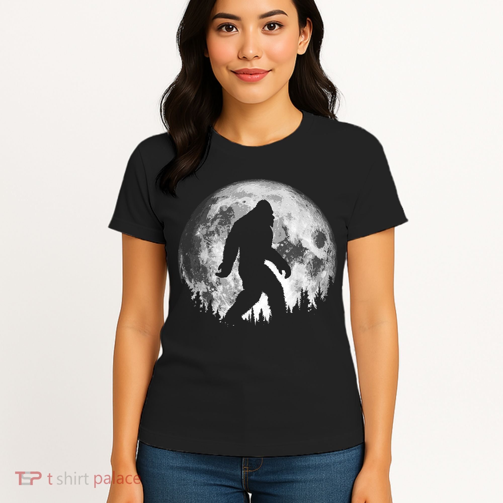 Bigfoot Night Stroll! Cool Full Moon & Trees Sasquatch Women's T-Shirt