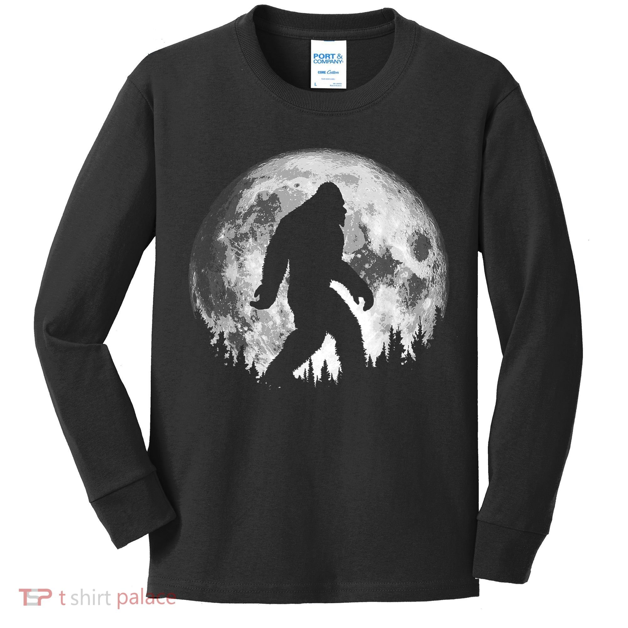 Bigfoot Night Stroll! Cool Full Moon & Trees Sasquatch Kids Long Sleeve Shirt