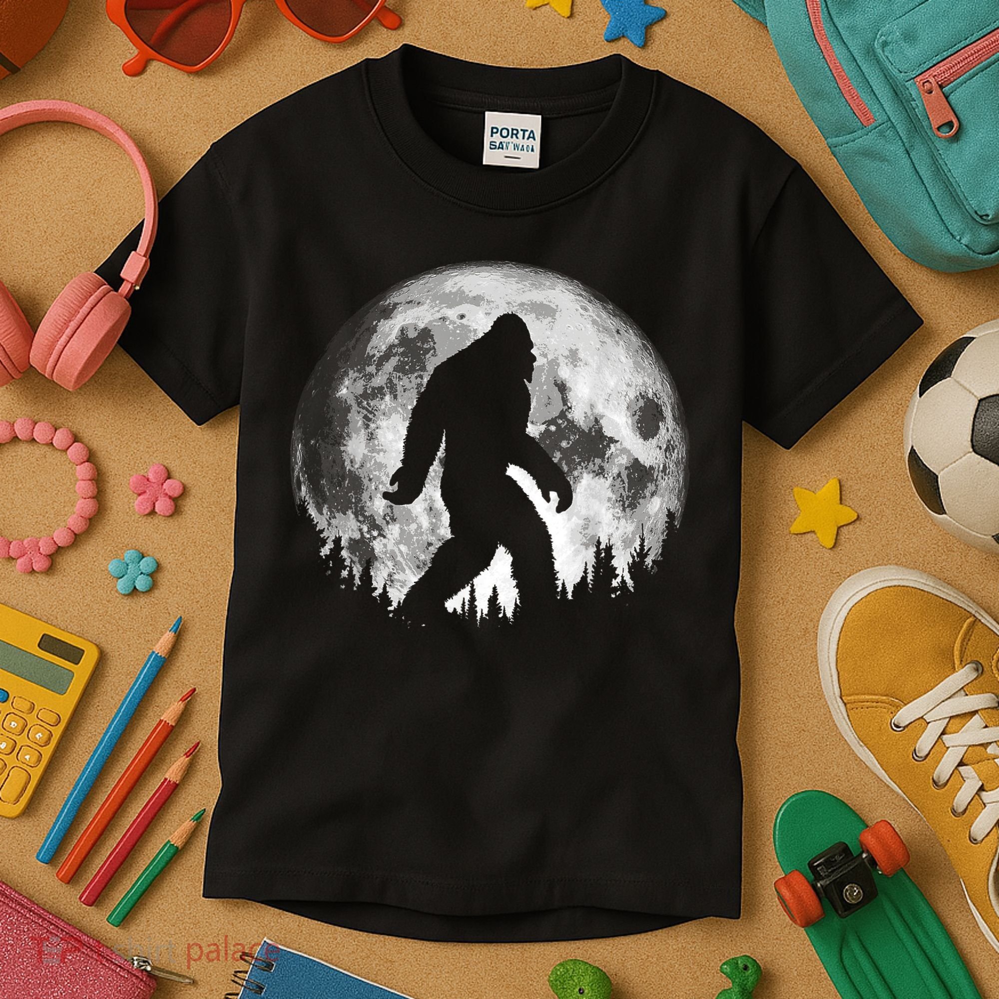Bigfoot Night Stroll! Cool Full Moon & Trees Sasquatch Kids T-Shirt