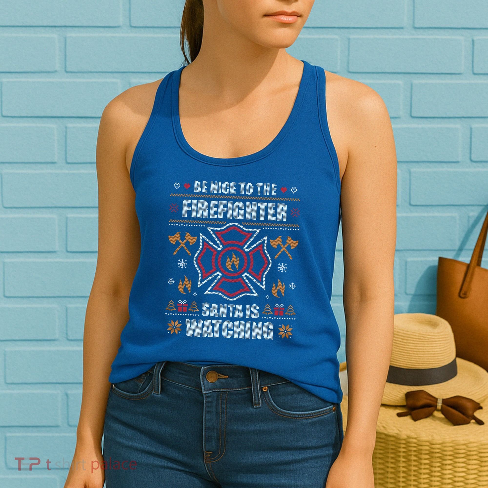 Be Nice To The Firefighter Ugly Christmas Sweater Fire Cool Gift Women's Tank Top