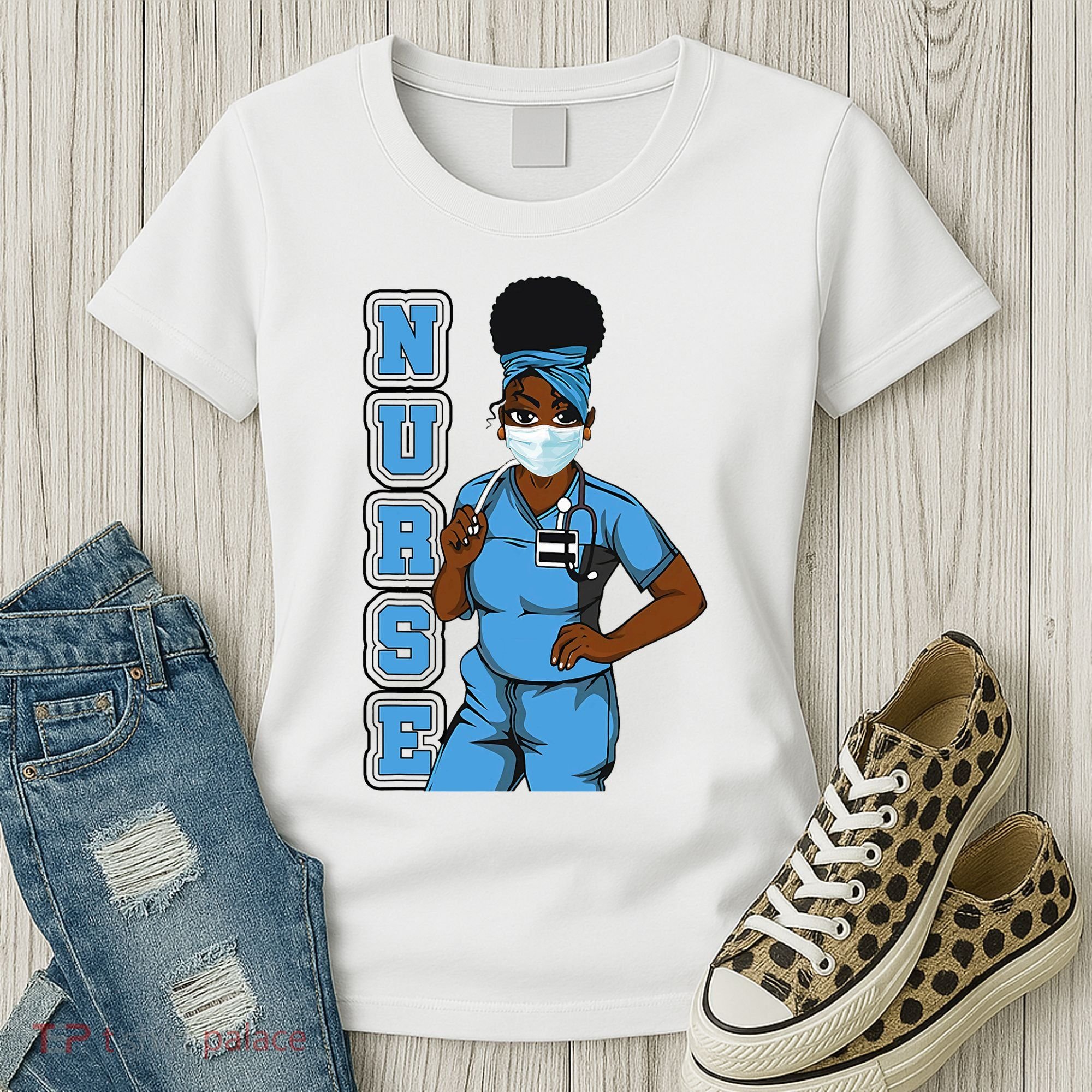 Black Nurse Uniform Face Mask Afro African Women Funny Gift Women's T-Shirt