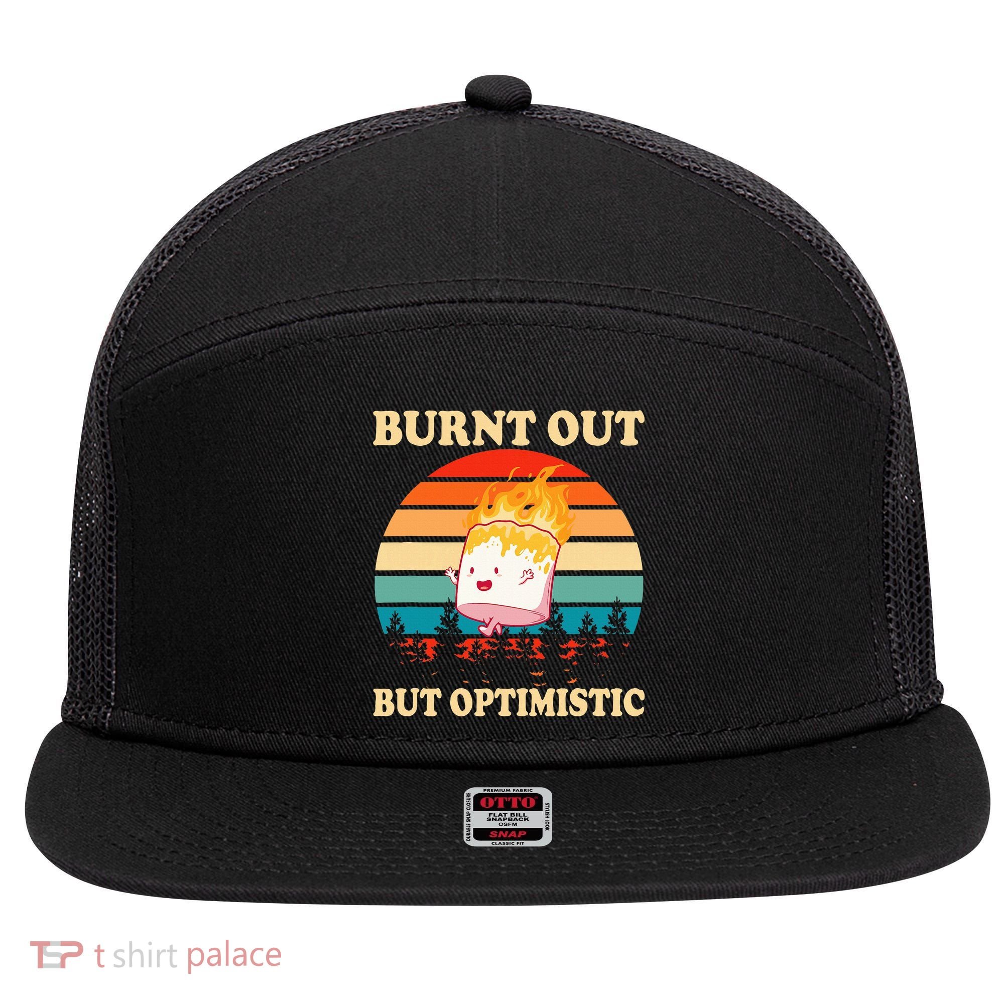 Burnt Out But Optimistic Marshmallow Retro Sunset Camping 7 Panel Mesh Trucker Snapback Hat