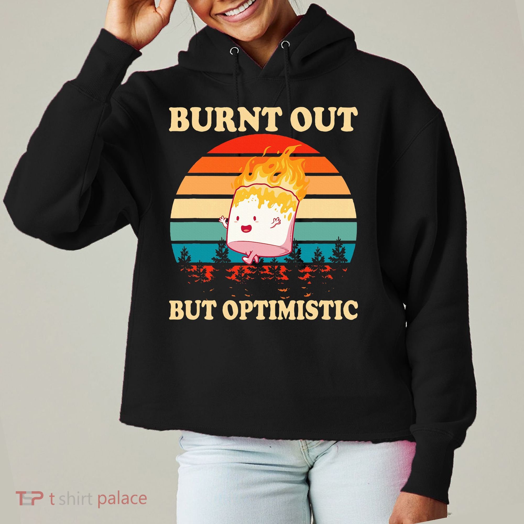 Burnt Out But Optimistic Marshmallow Retro Sunset Camping Ladies Heavyweight Boxy Pullover Hoodie