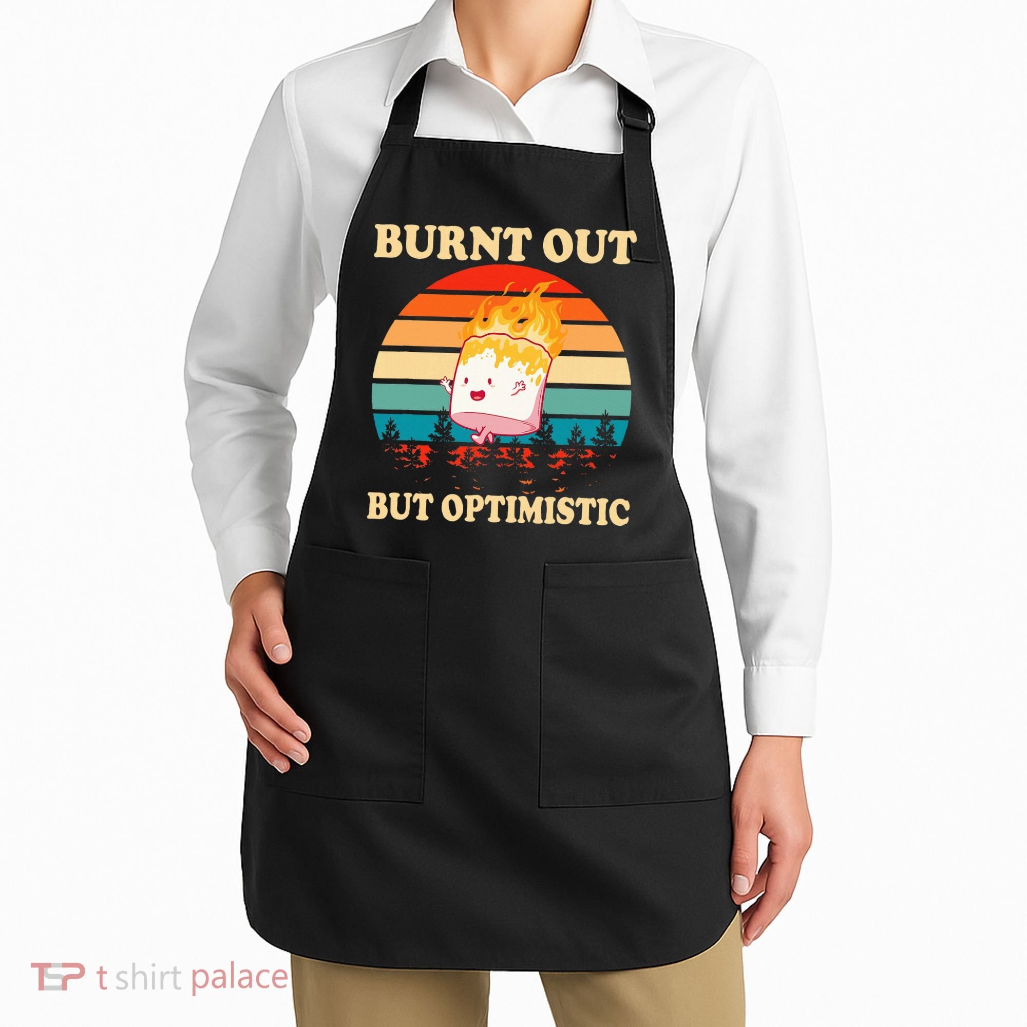 Burnt Out But Optimistic Marshmallow Retro Sunset Camping Apron