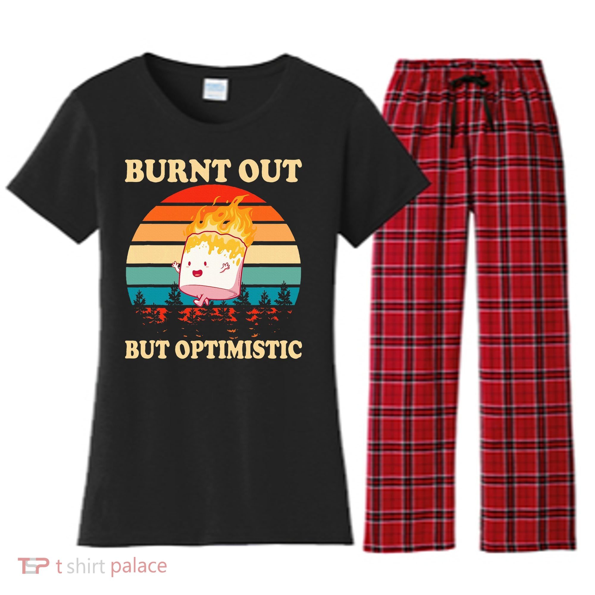 Burnt Out But Optimistic Marshmallow Retro Sunset Camping Women's Flannel Pajama Set
