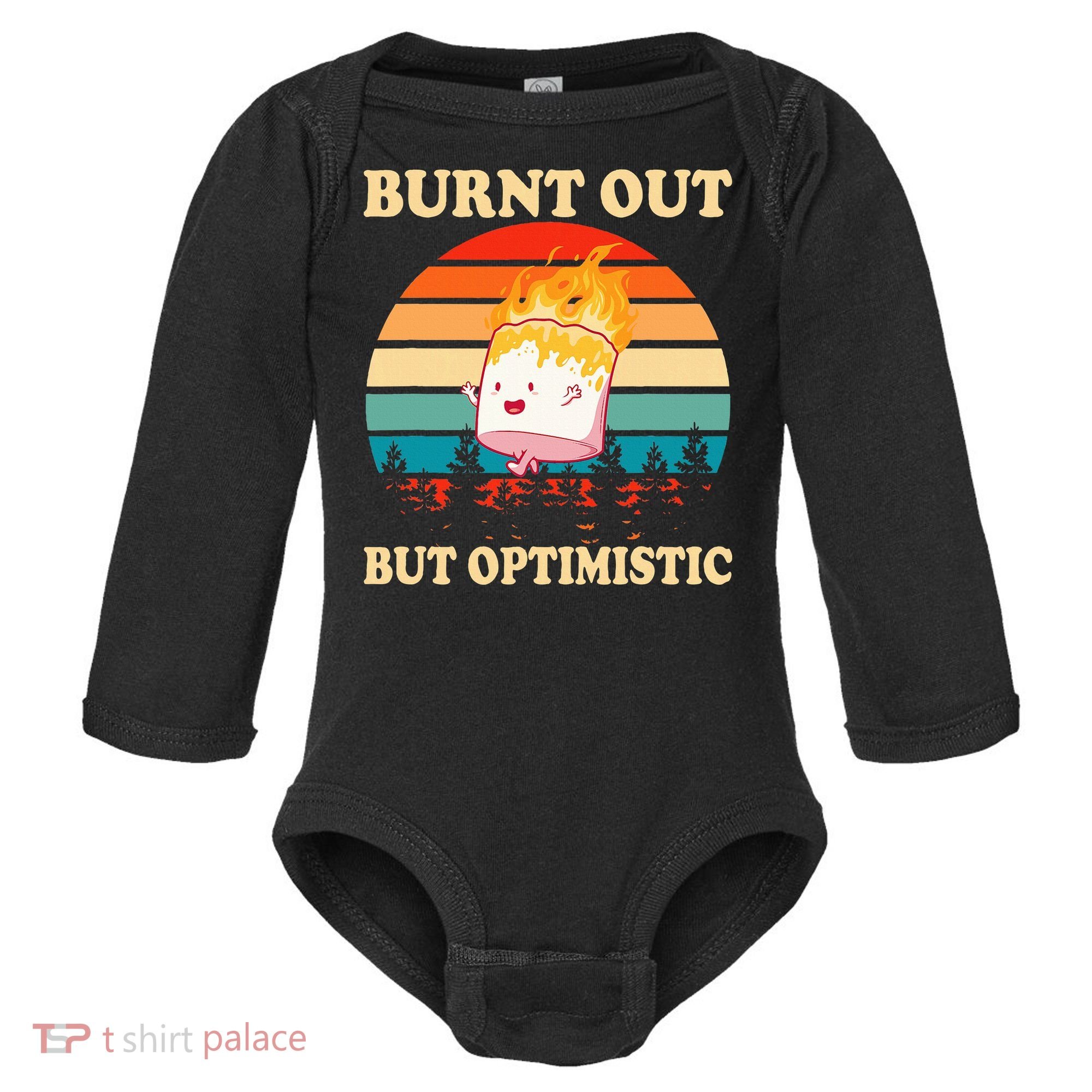 Burnt Out But Optimistic Marshmallow Retro Sunset Camping Baby Long Sleeve Bodysuit