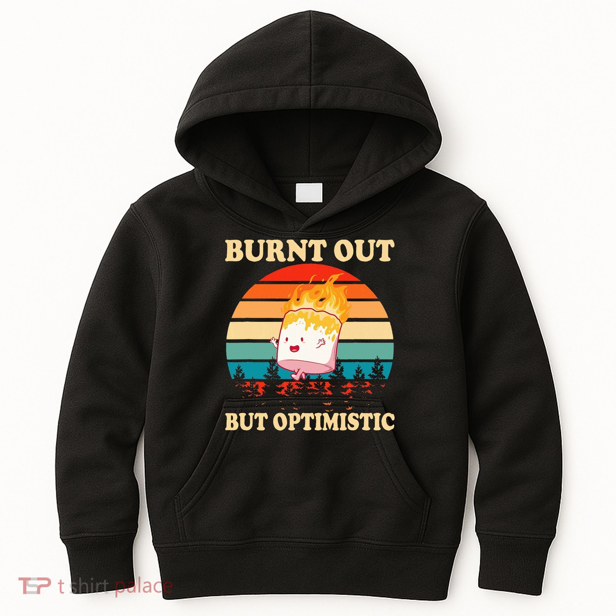 Burnt Out But Optimistic Marshmallow Retro Sunset Camping Kids Hoodie