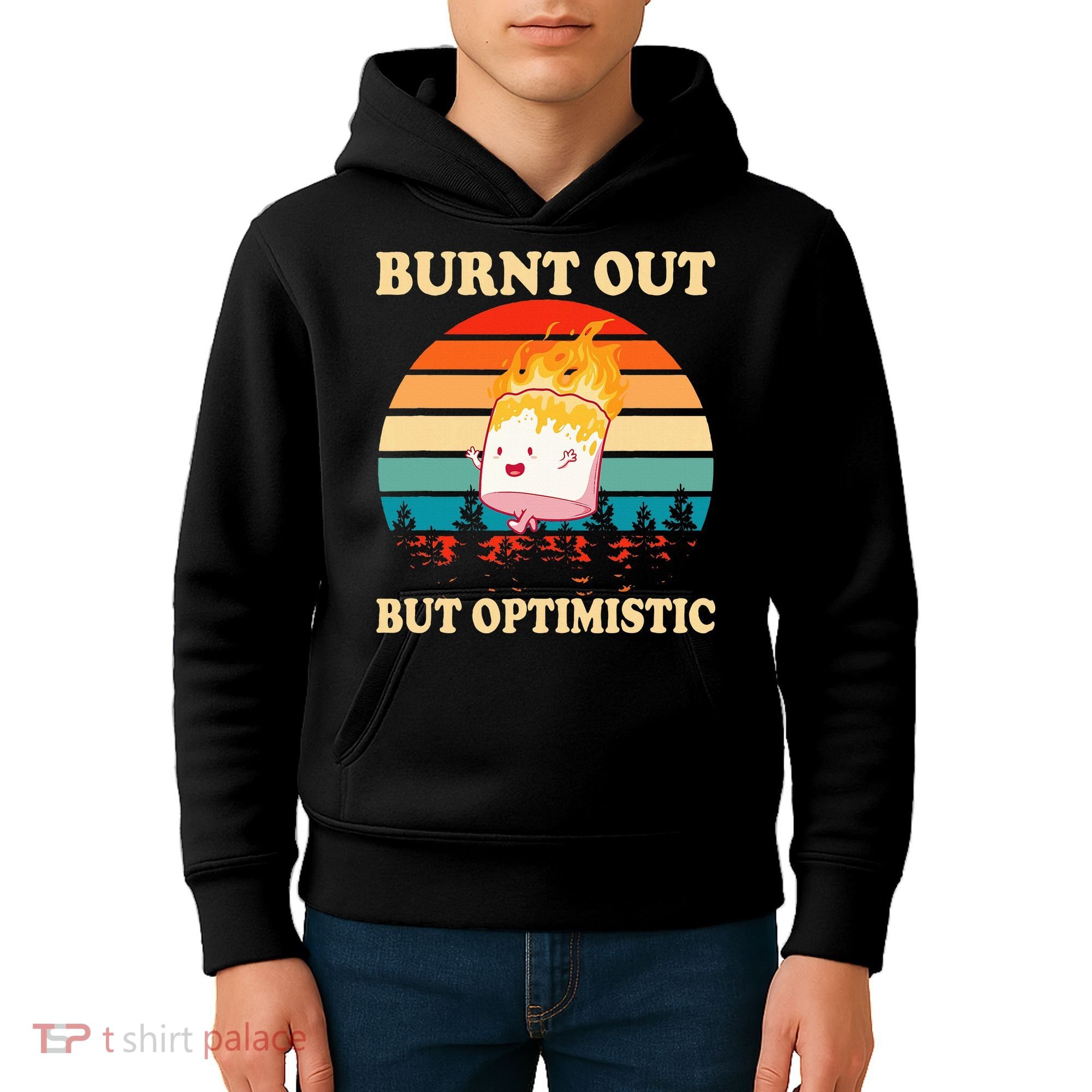 Burnt Out But Optimistic Marshmallow Retro Sunset Camping Kids Hoodie