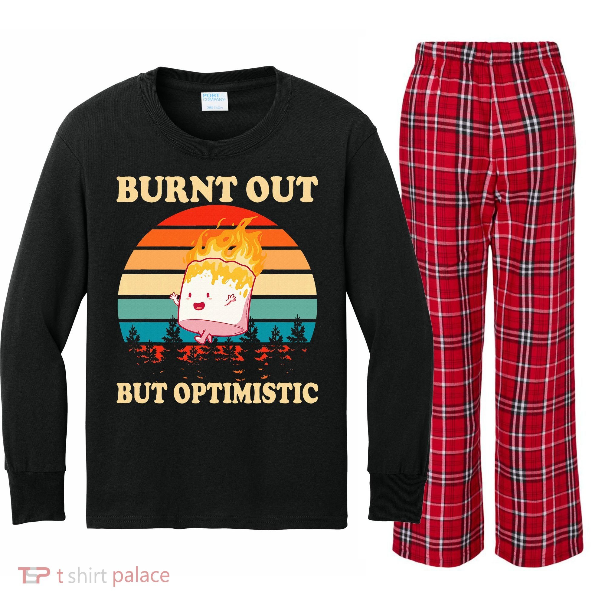 Burnt Out But Optimistic Marshmallow Retro Sunset Camping Kids Long Sleeve Plaid Pajama Set